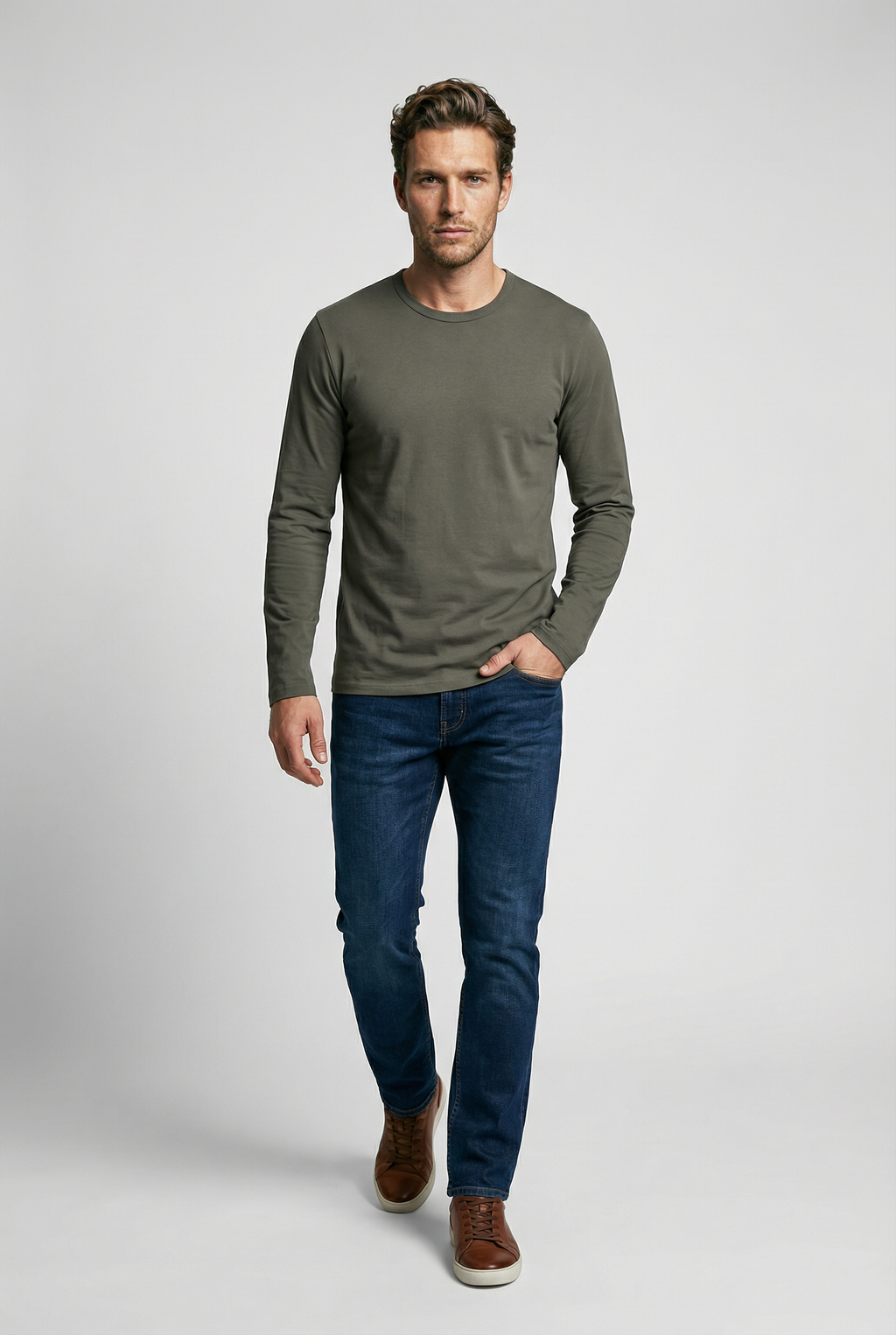 Bevis Long Sleeve Cotton T-shirt - Olive