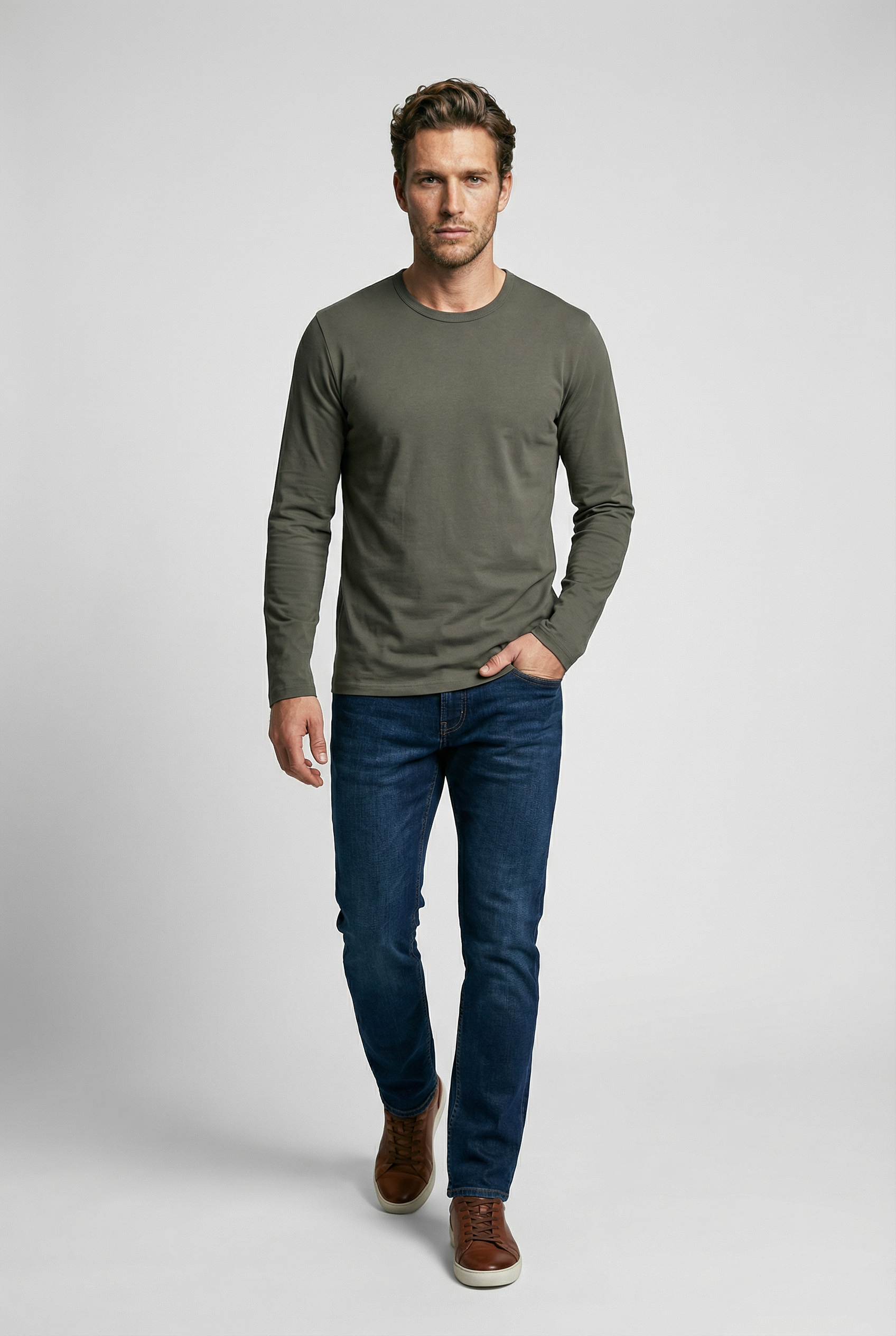 Bevis Long Sleeve Cotton T-shirt - Olive