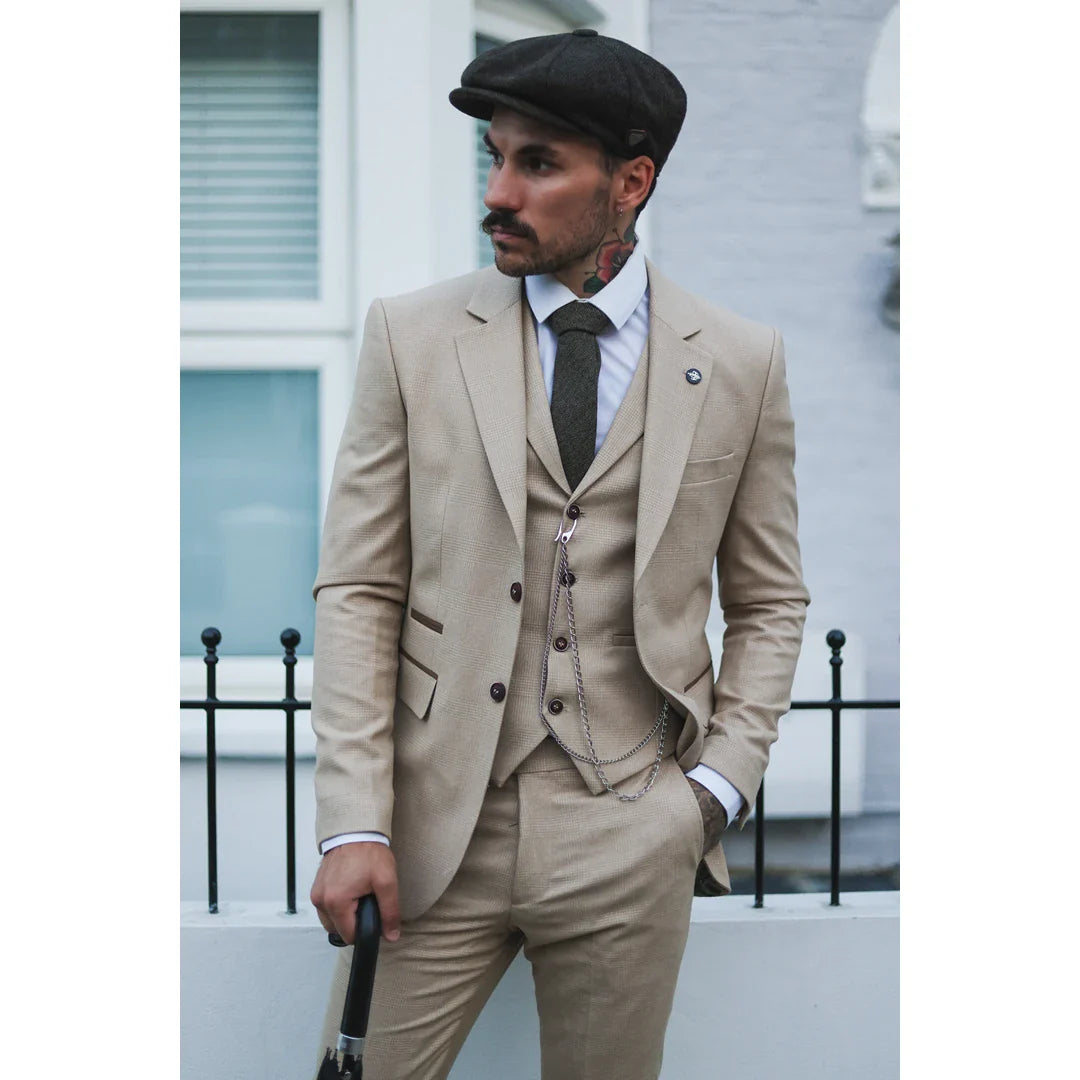 AK-08 - Men's 3 Piece Cream Prince Of Wales Check Suit