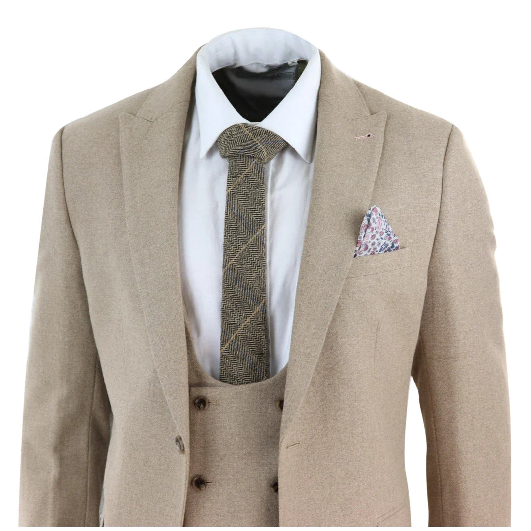 AK-23 - Men Tweed 3 Piece Suit Tan Oak Double Breasted Wedding