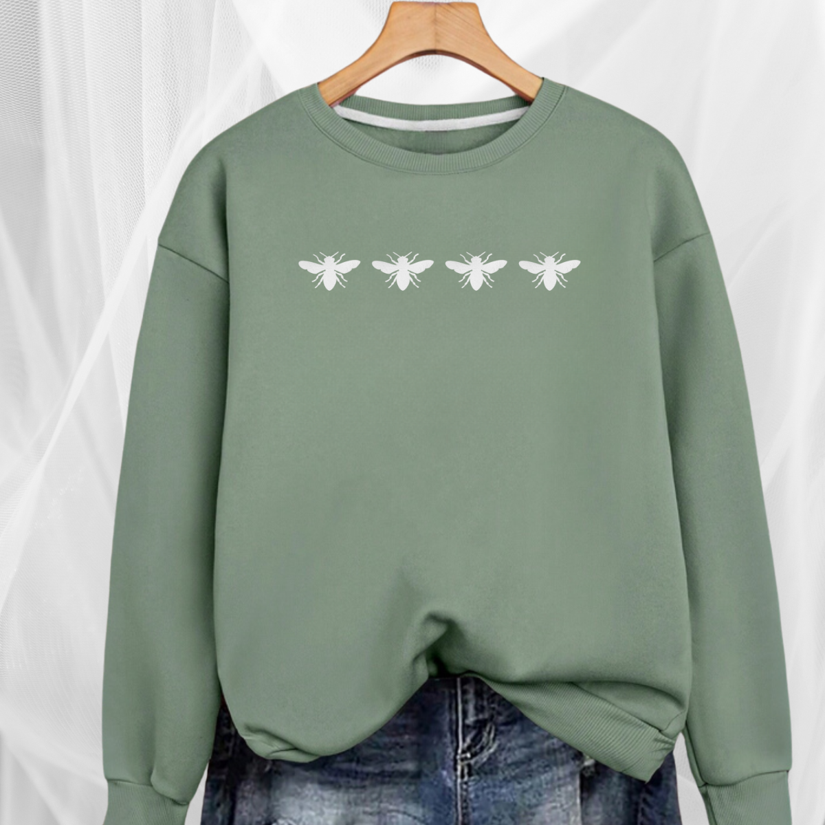 Cotton Sweatshirt with 4 White Bees Detail