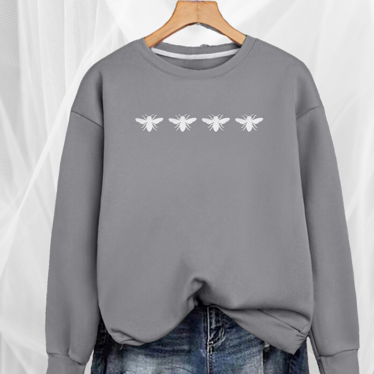 Cotton Sweatshirt with 4 White Bees Detail