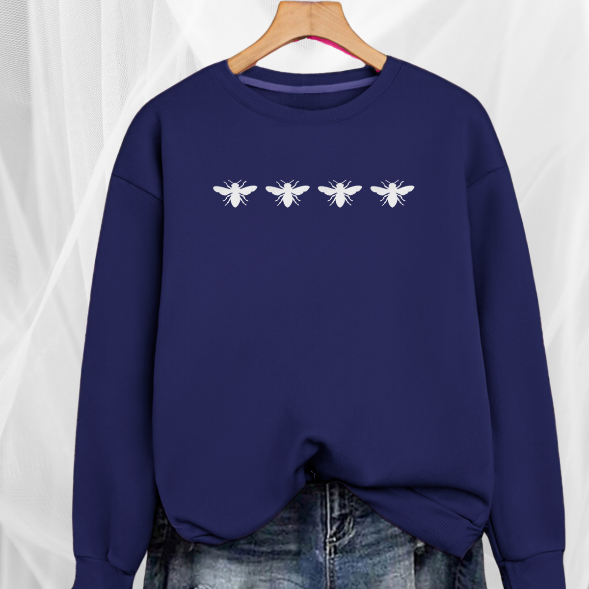 Cotton Sweatshirt with 4 White Bees Detail