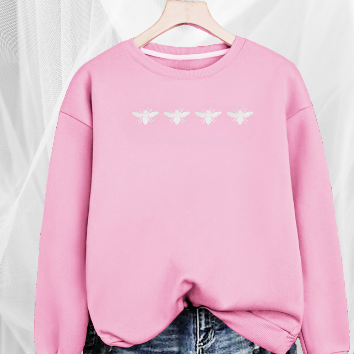 Cotton Sweatshirt with 4 White Bees Detail