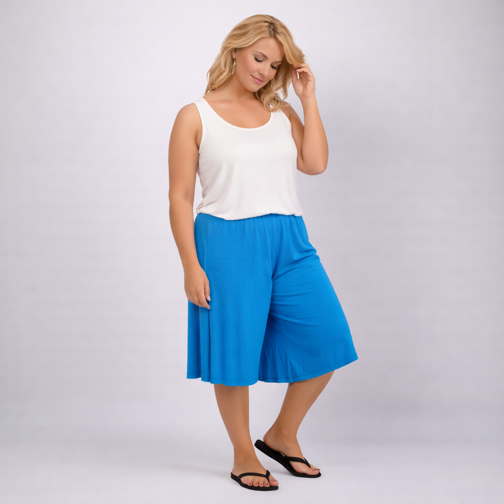 Plain Elastic High Waist Wide Leg Culottes Shorts