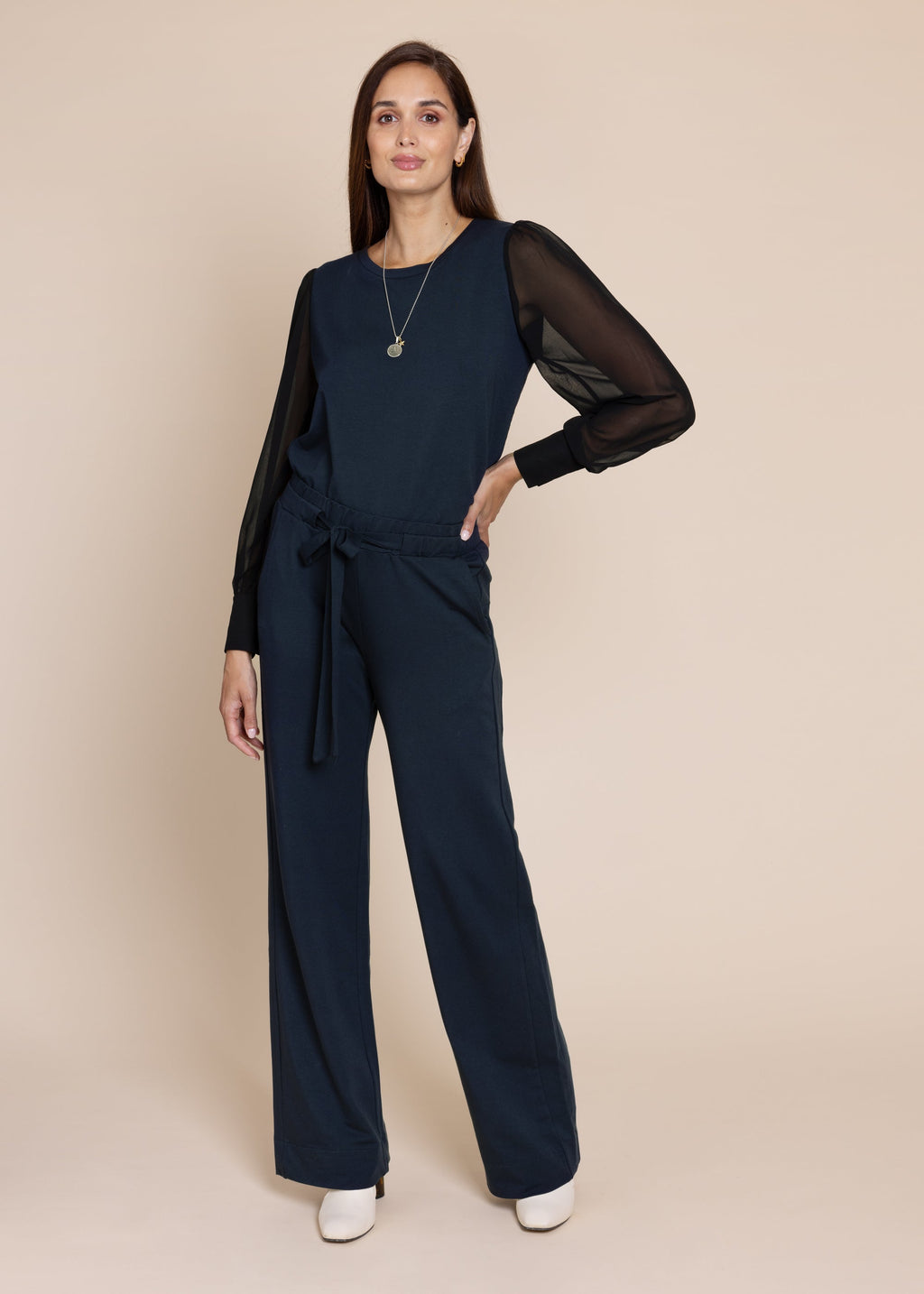 DAPHNE sheer sleeve top, navy
