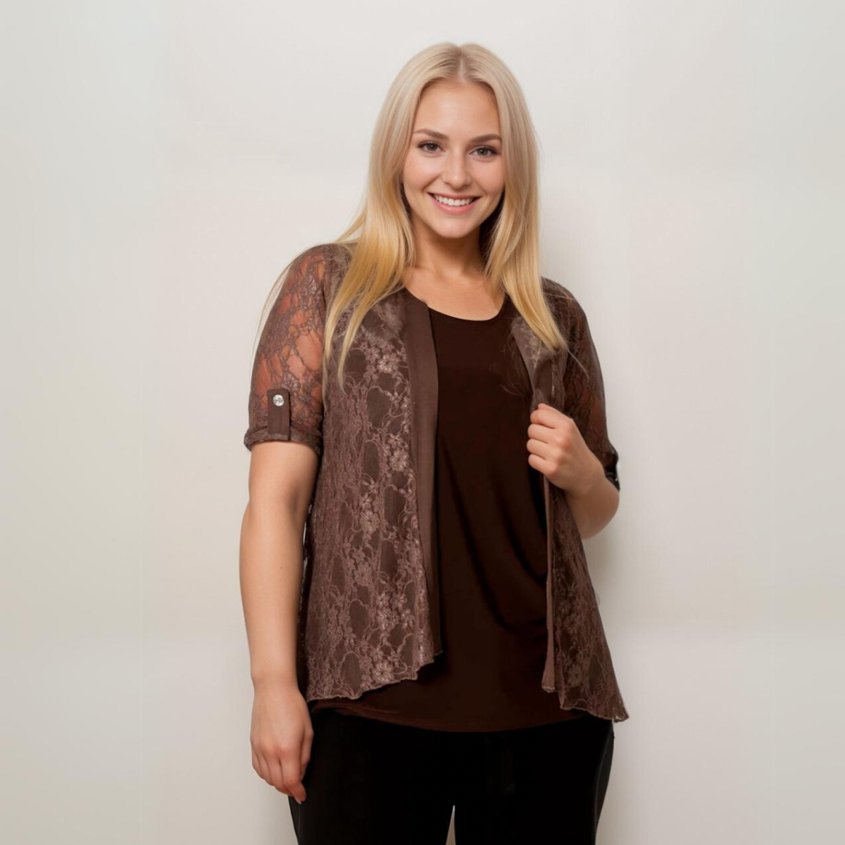 Satin Panel Lace Jacket with Button Sleeves