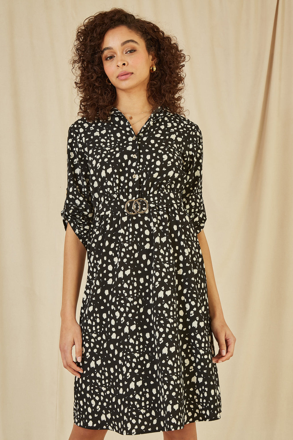 Mela Black Dash Print Skater Dress With Buckle