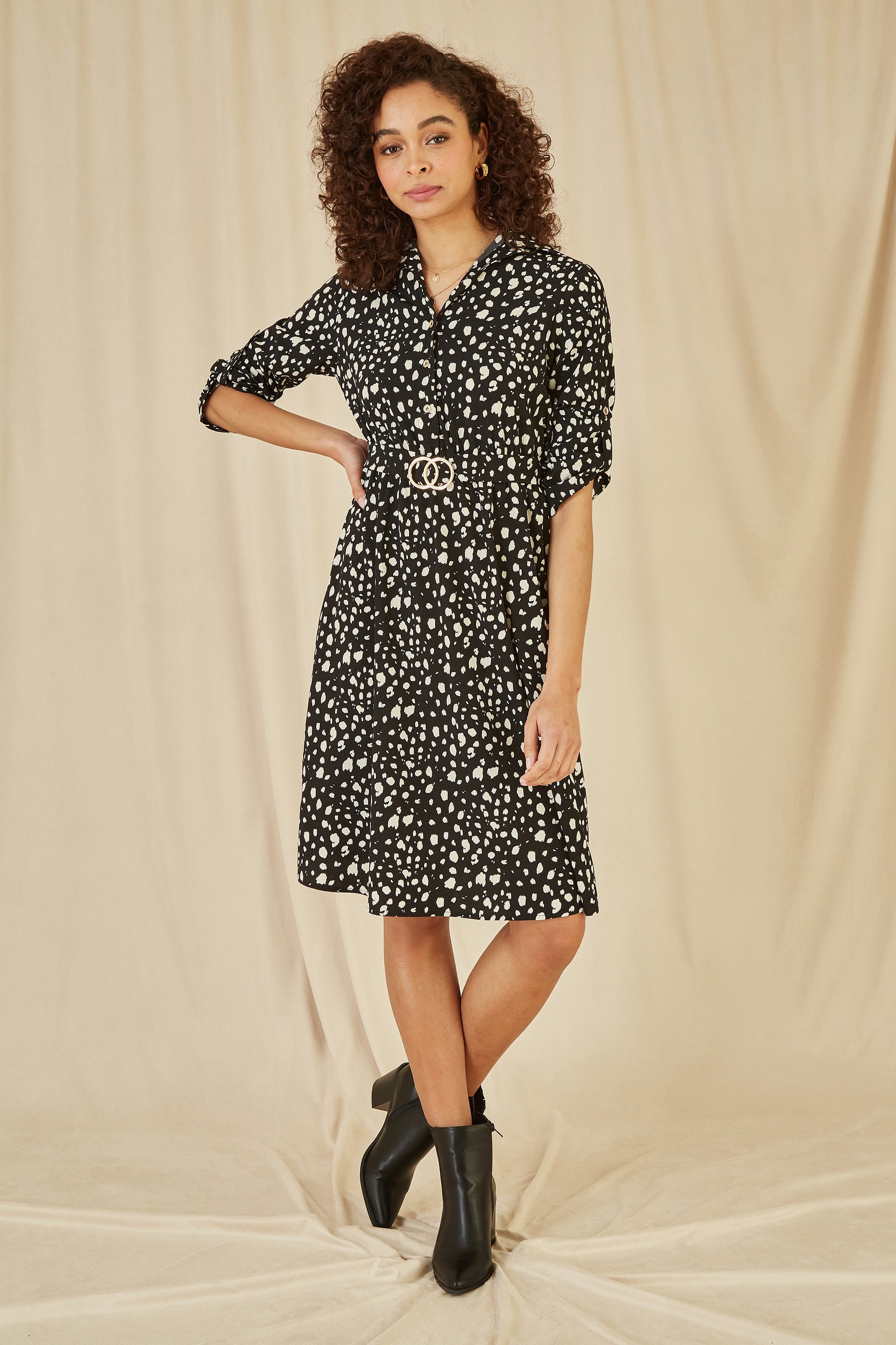 Mela Black Dash Print Skater Dress With Buckle