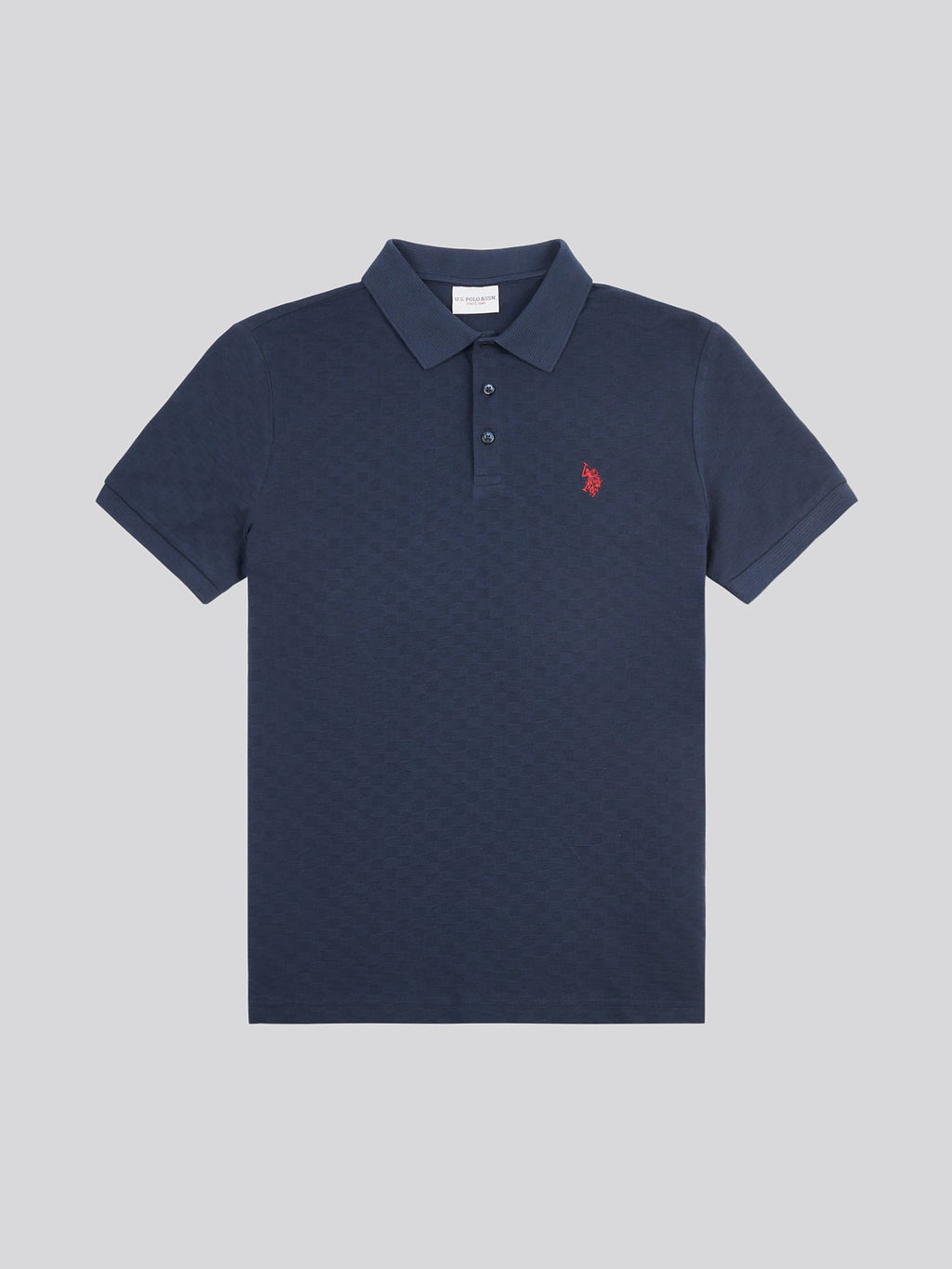 Mens Check Texture Polo Shirt in Dark Sapphire Navy / Haute Red DHM