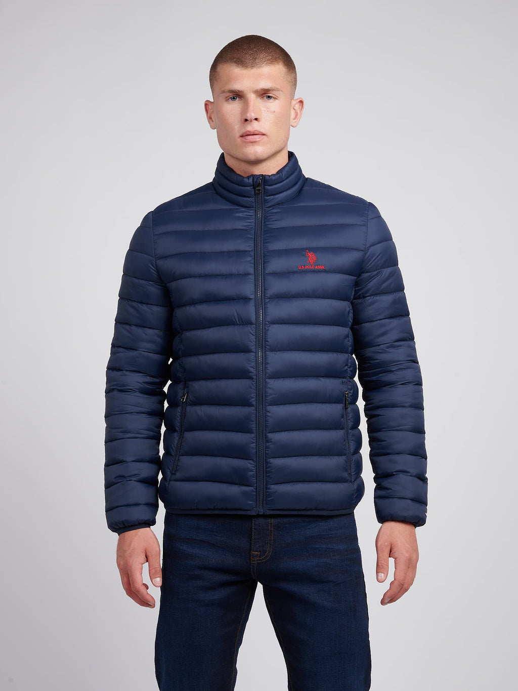 Mens Lightweight Bound Quilted Jacket Dark Sapphire Navy / Haute Red DHM