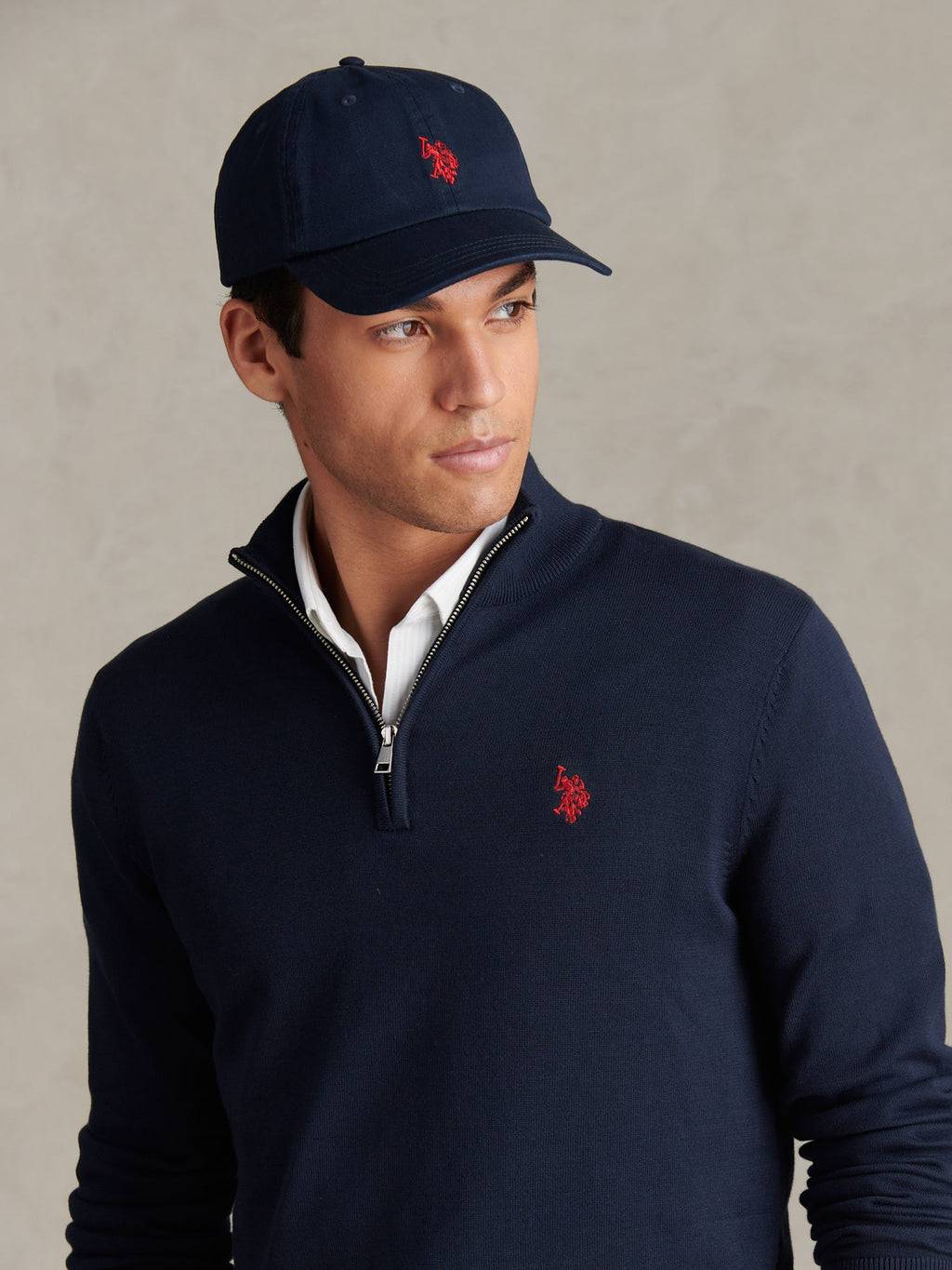 Mens Cotton Quarter Zip Funnel Jumper Dark Sapphire Navy / Haute Red DHM