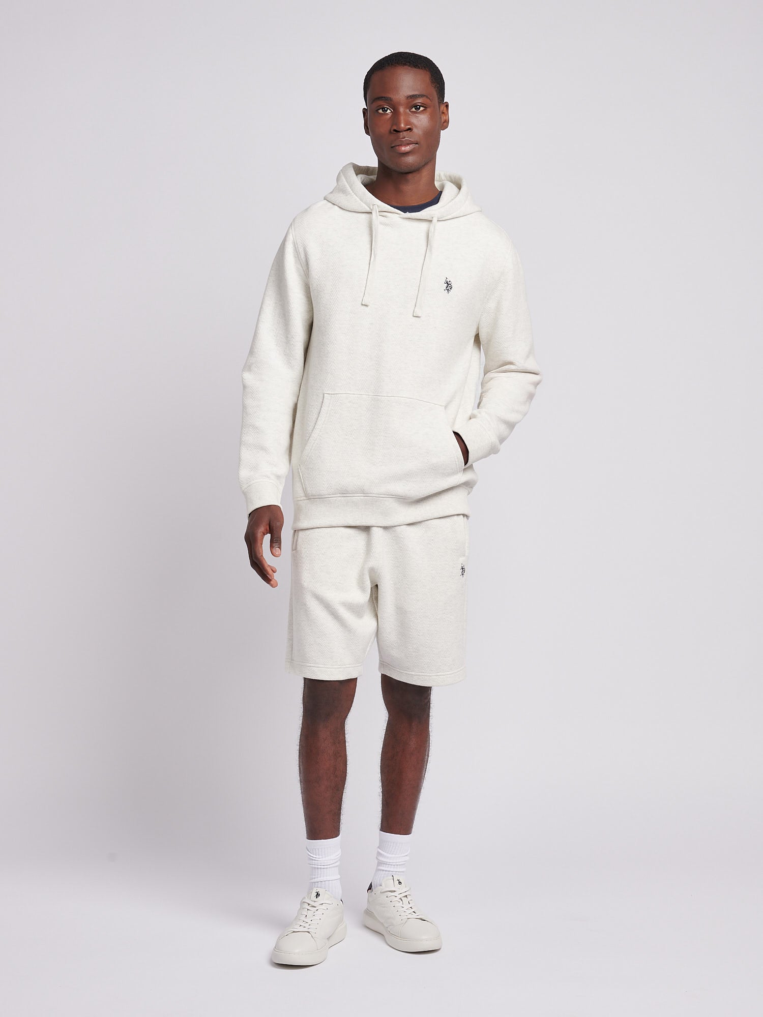Mens Double Horsemen Herringbone Hoodie in Light Grey Marl
