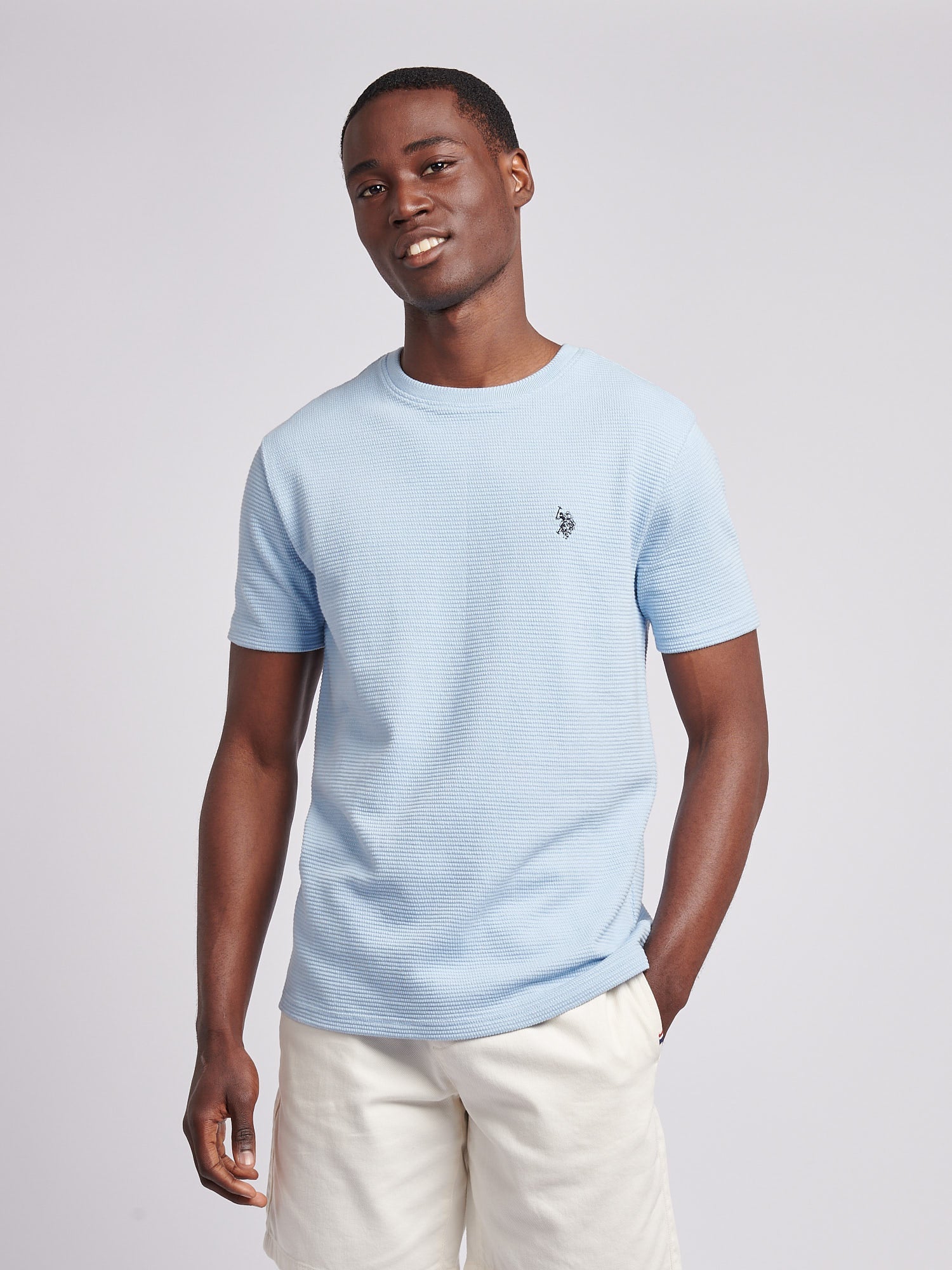 Mens Texture Double Horsemen T-Shirt in Chambray Blue