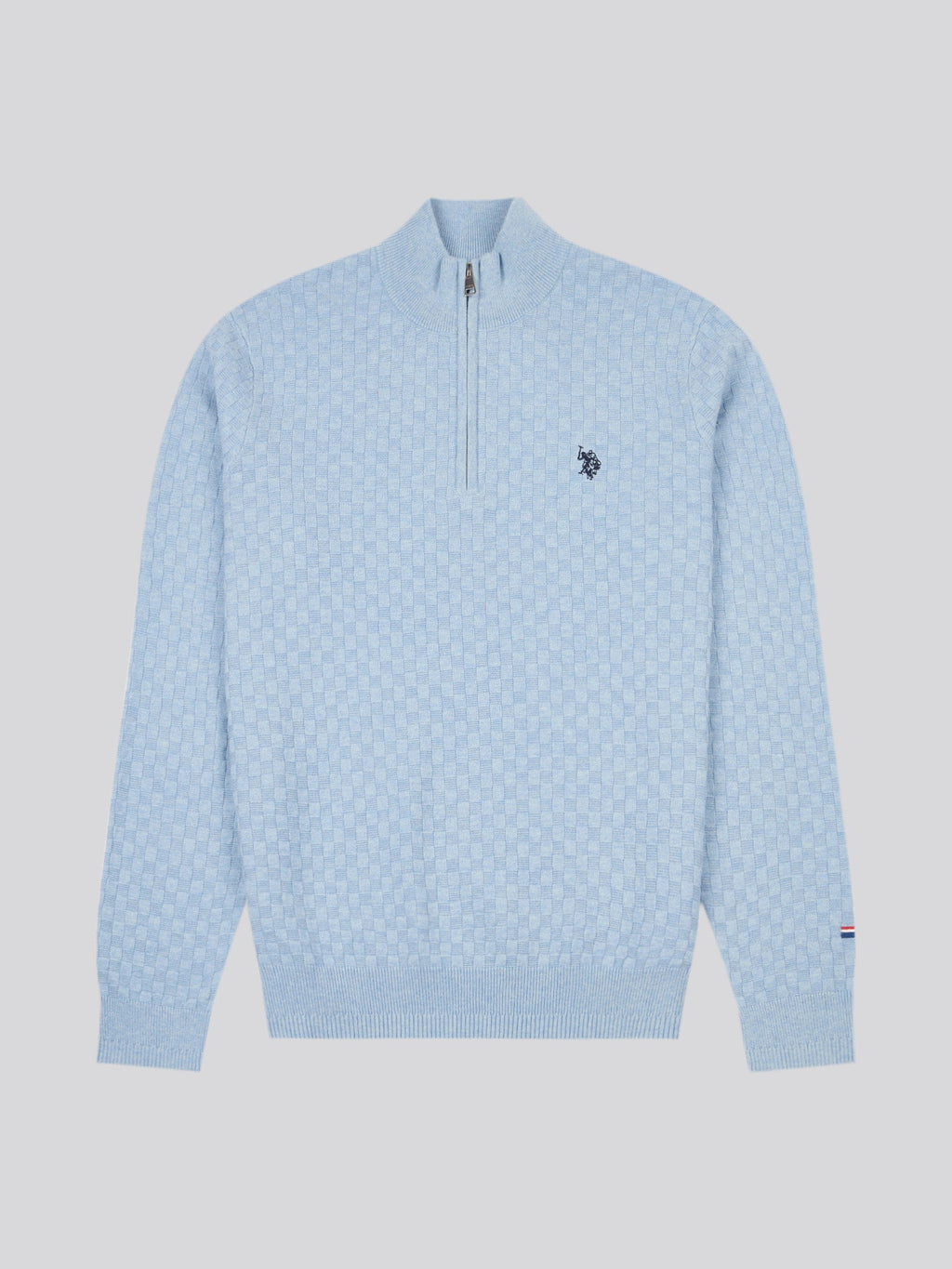 Mens Checkerboard Funnel Neck 1/4 Zip Knit in Parisian Blue Marl