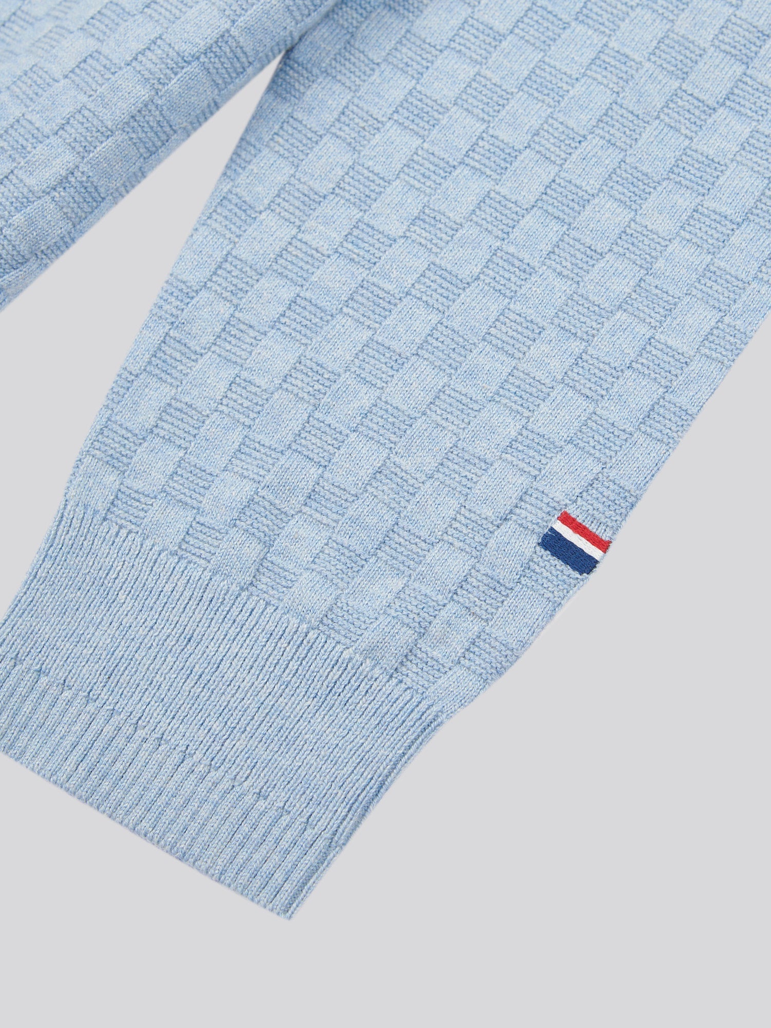 Mens Checkerboard Funnel Neck 1/4 Zip Knit in Parisian Blue Marl