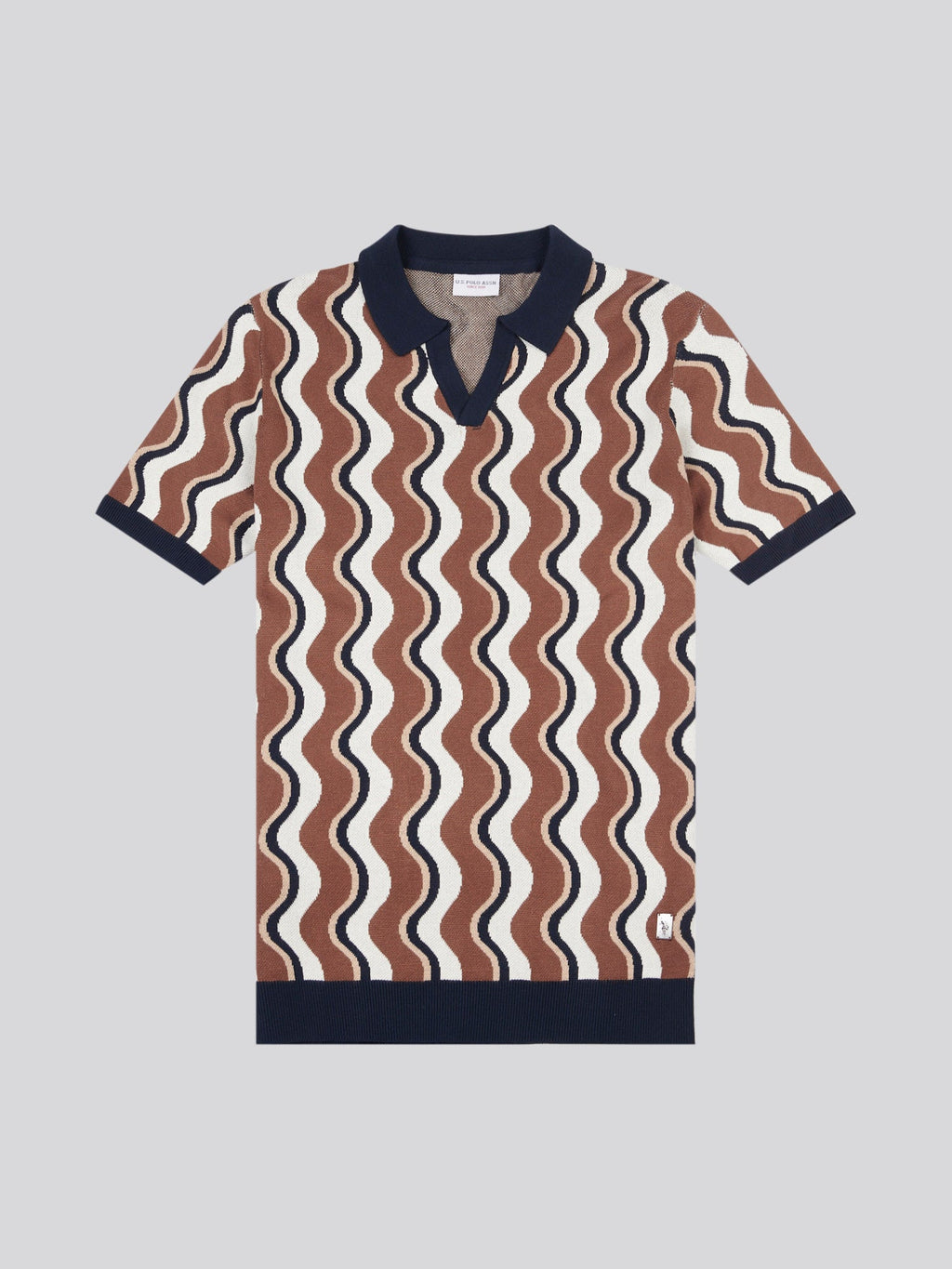 Mens Wave Knit Open Collar Polo Shirt in Cocoa Brown