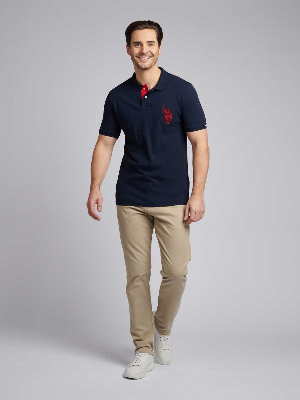 Mens Large Player Pique Polo Shirt in Dark Sapphire Navy / Haute Red DHM