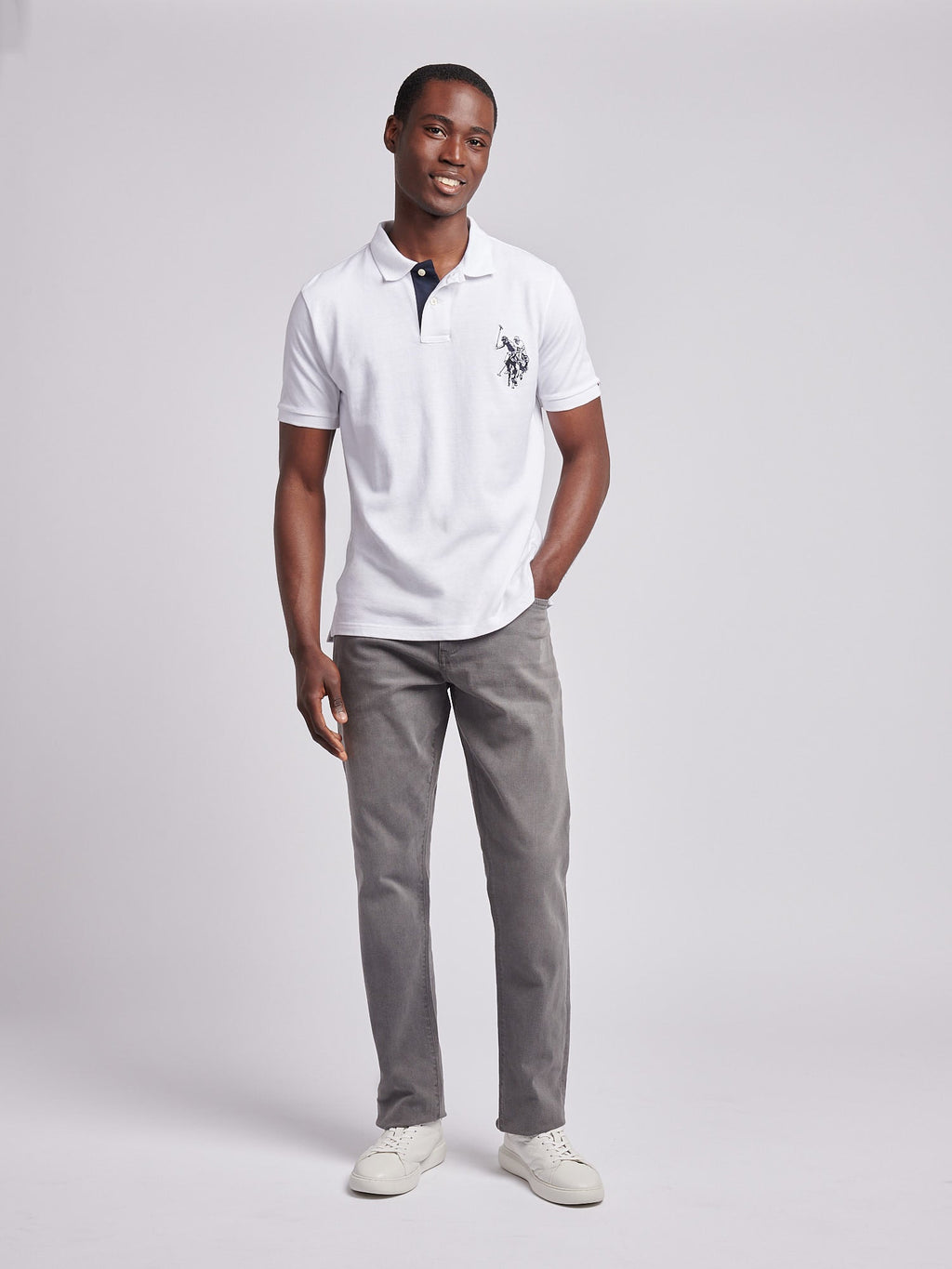 Mens Large Player Pique Polo Shirt in White / Dark Sapphire Navy DHM