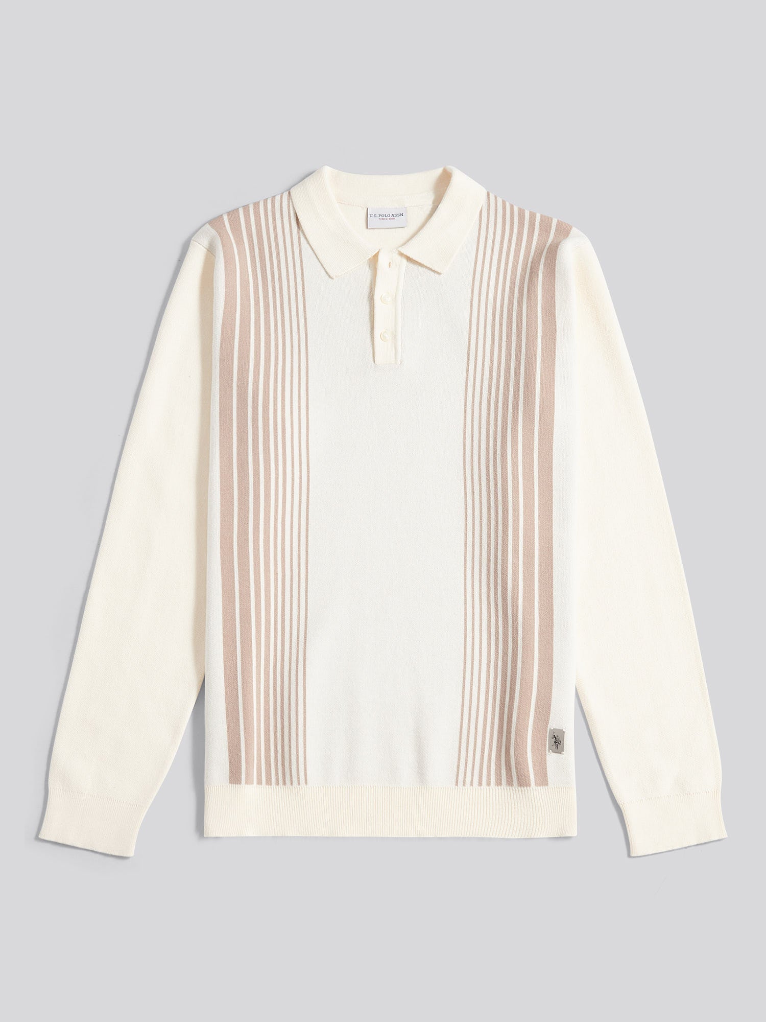 Mens Vertical Stripe Knit Long Sleeve Polo Shirt in Whisper White