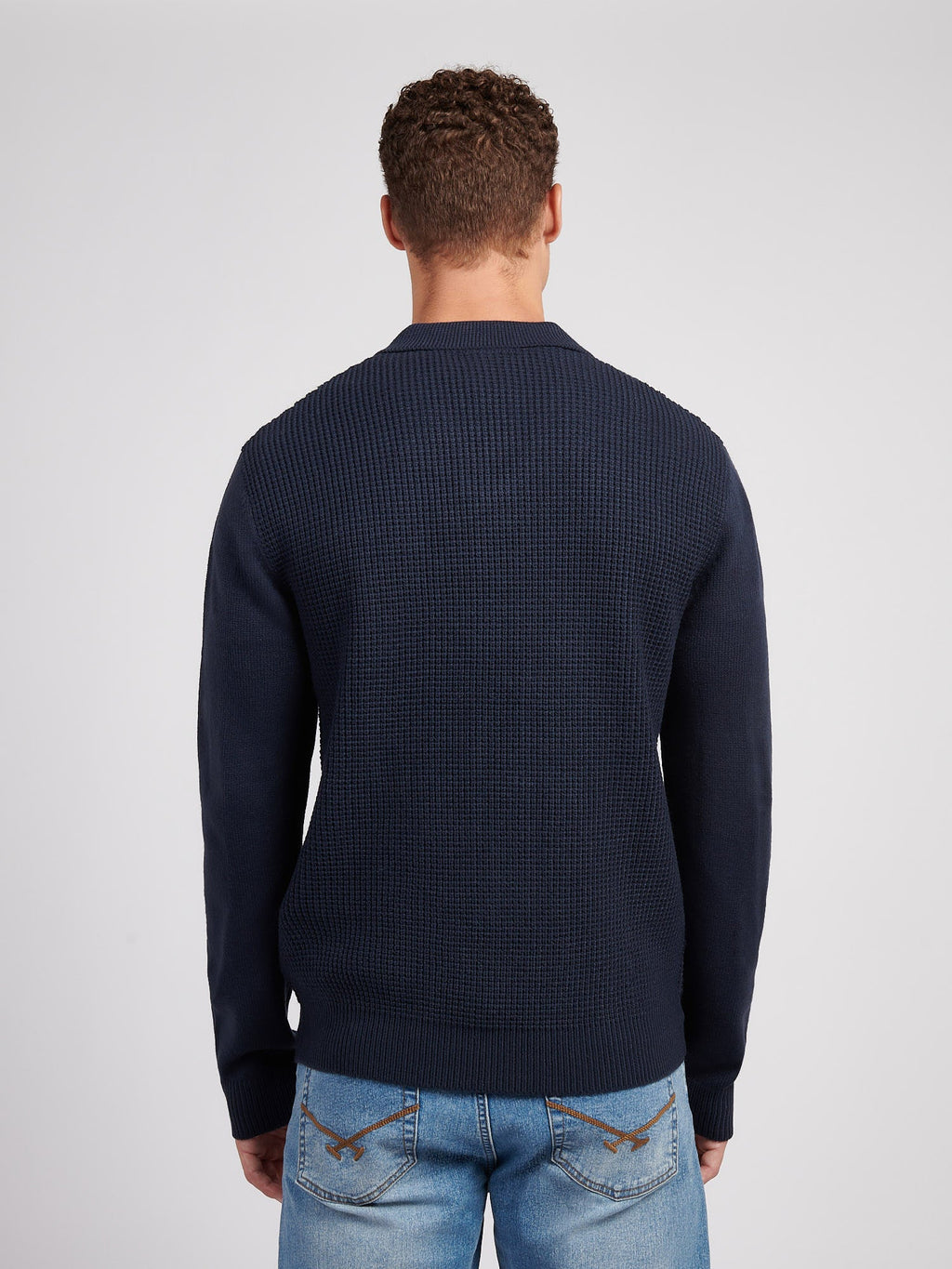 Mens Vertical Stripe Revere Knit Cardigan in Dark Sapphire Navy