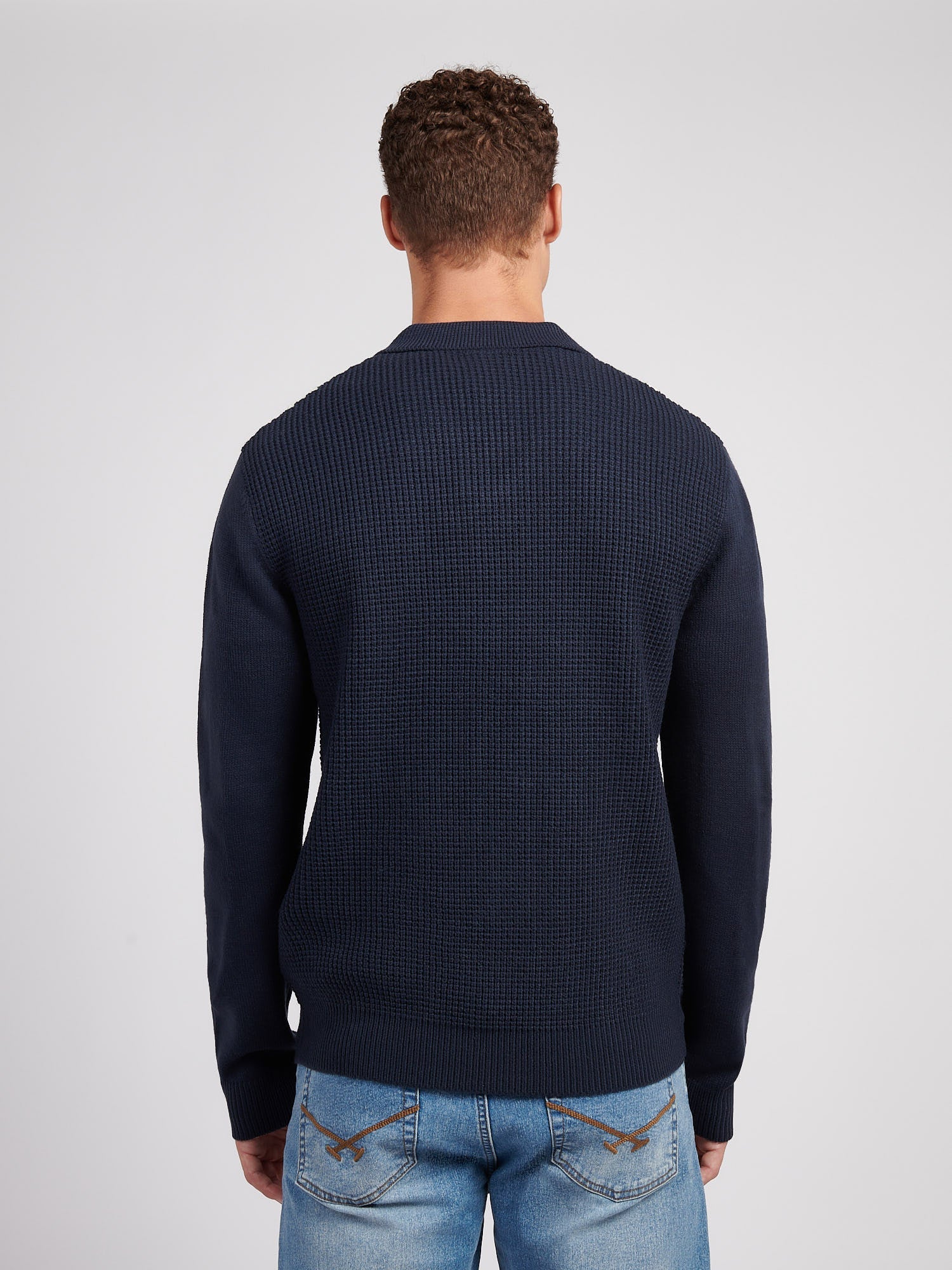 Mens Vertical Stripe Revere Knit Cardigan in Dark Sapphire Navy