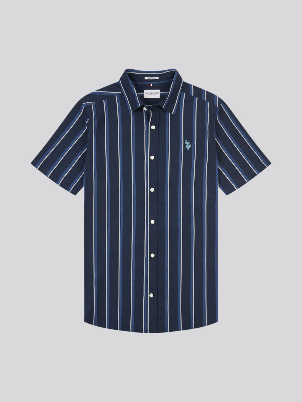 Mens Double Horsemen Striped Short Sleeve Shirt in Dark Sapphire Navy / Moonlight Blue DHM