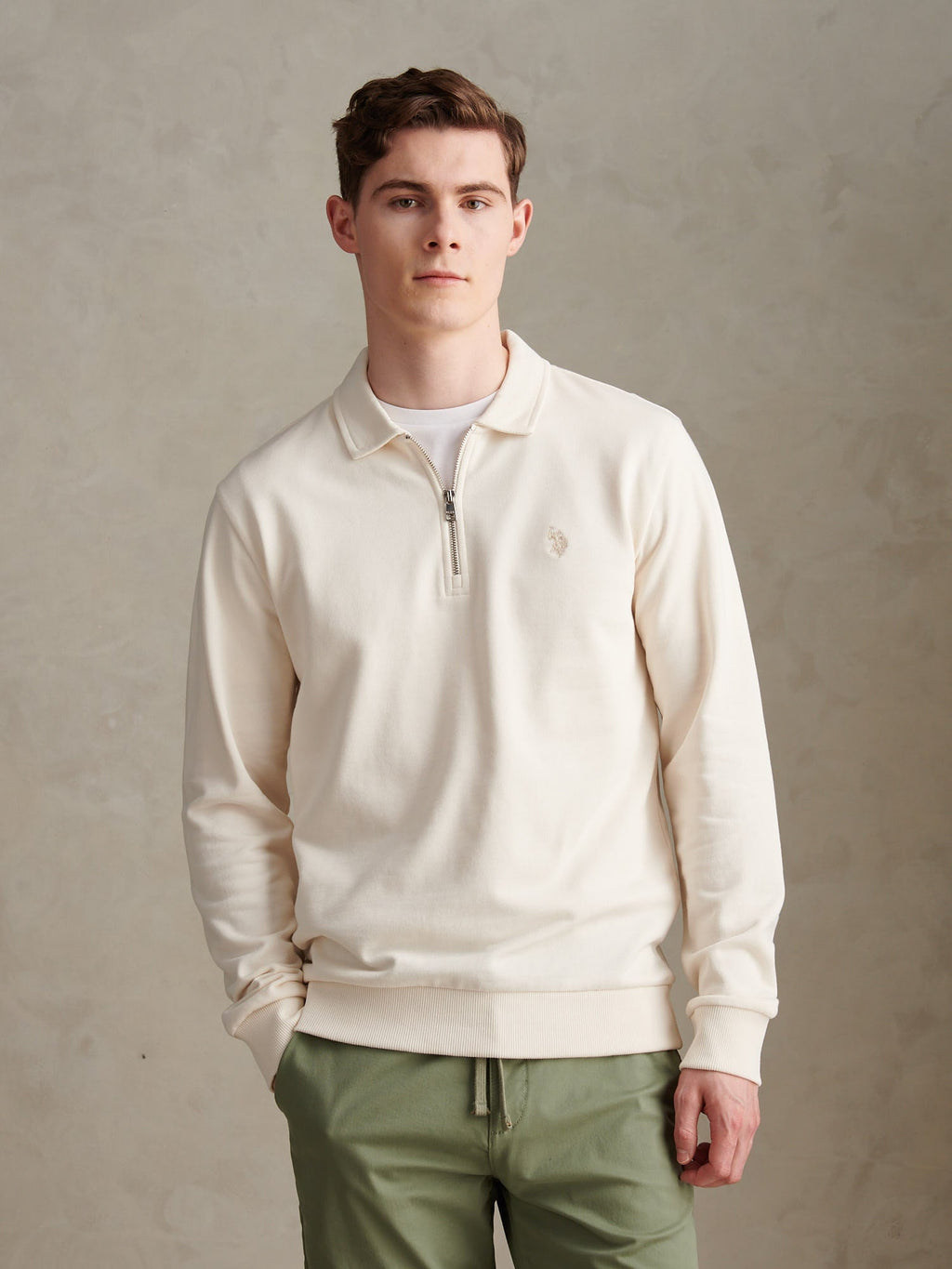 Mens Loopback Zip Polo Sweatshirt Whisper White