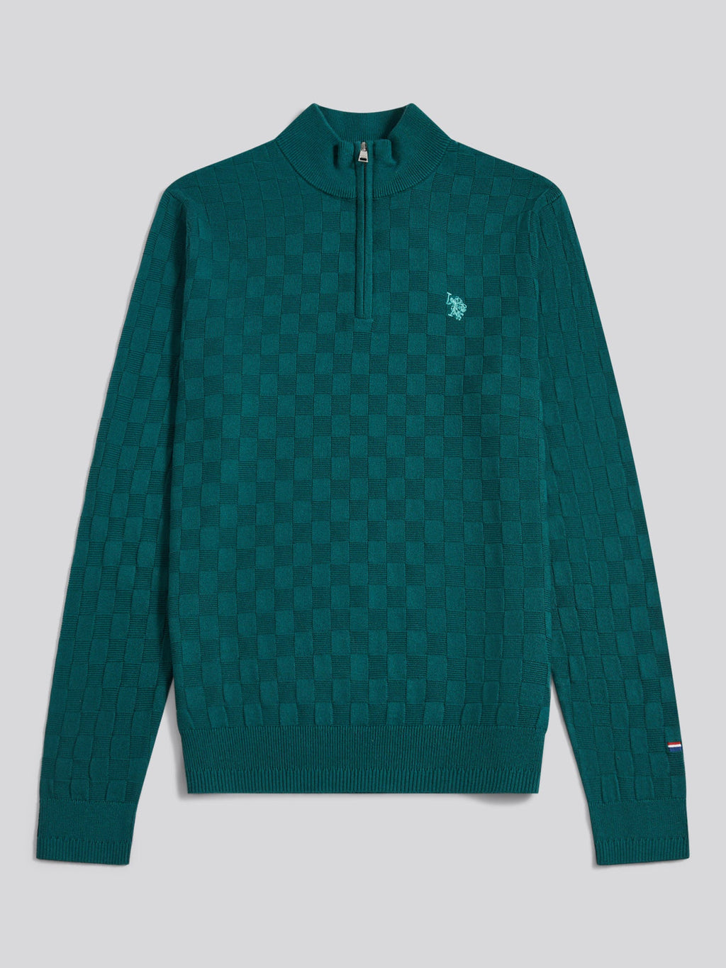 Mens Large Check Knit Quarter Zip Funnel Jumper Mediterranea