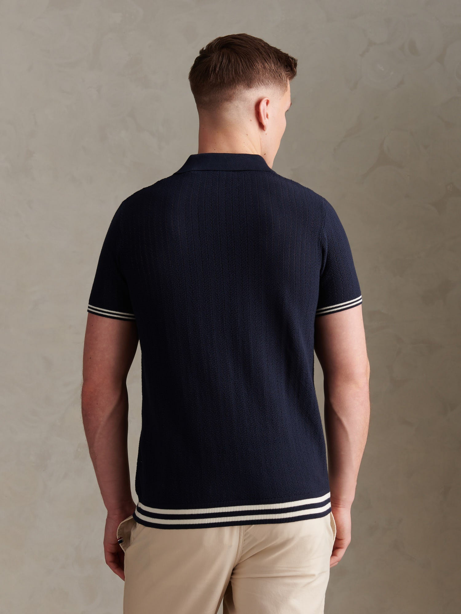 Mens Tipped Open Knit Polo Shirt Dark Sapphire Navy