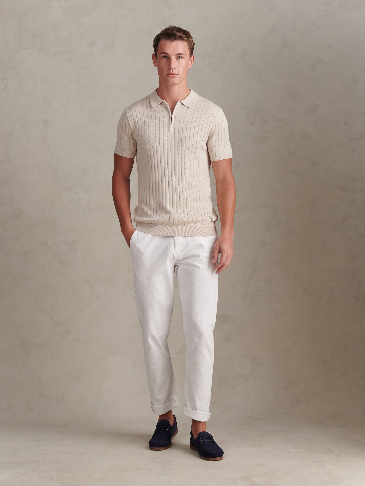 Mens Zip Knit Short Sleeve Polo Shirt Beige