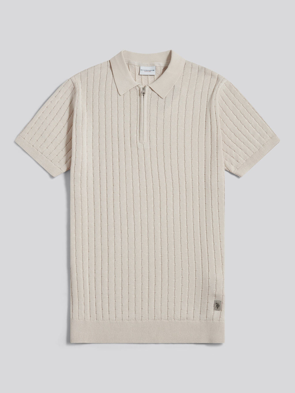 Mens Zip Knit Short Sleeve Polo Shirt Beige