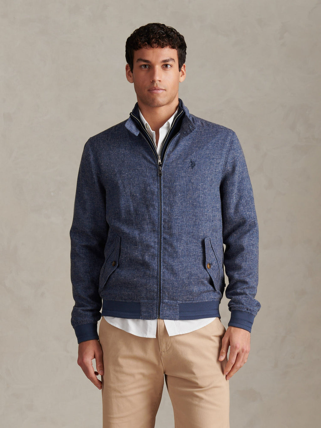 Mens Linen Blend Harrington Jacket Dark Sapphire Navy / Moonlight Blue DHM