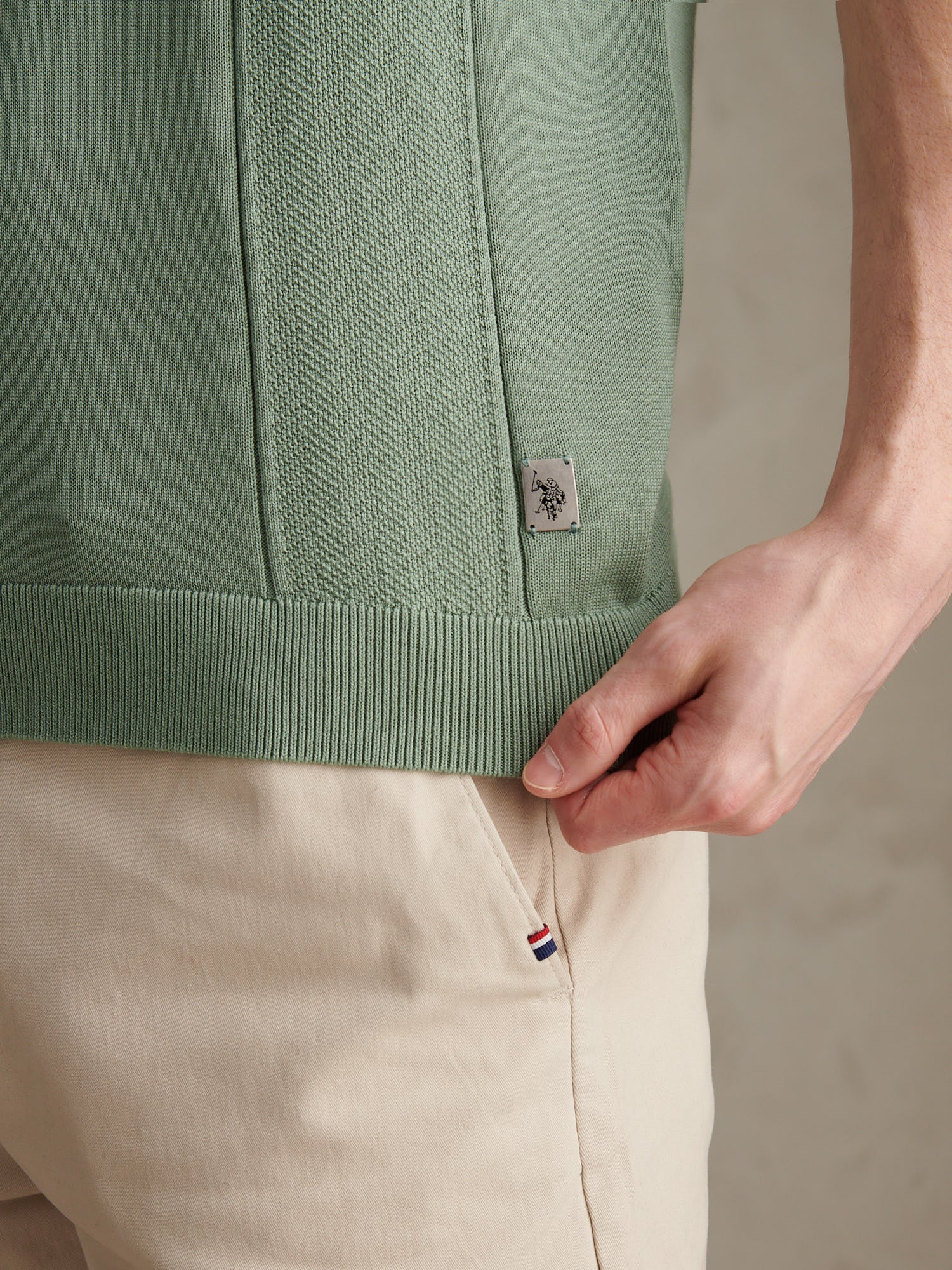 Mens Wide Texture Zip Knit Polo Shirt Green Bay