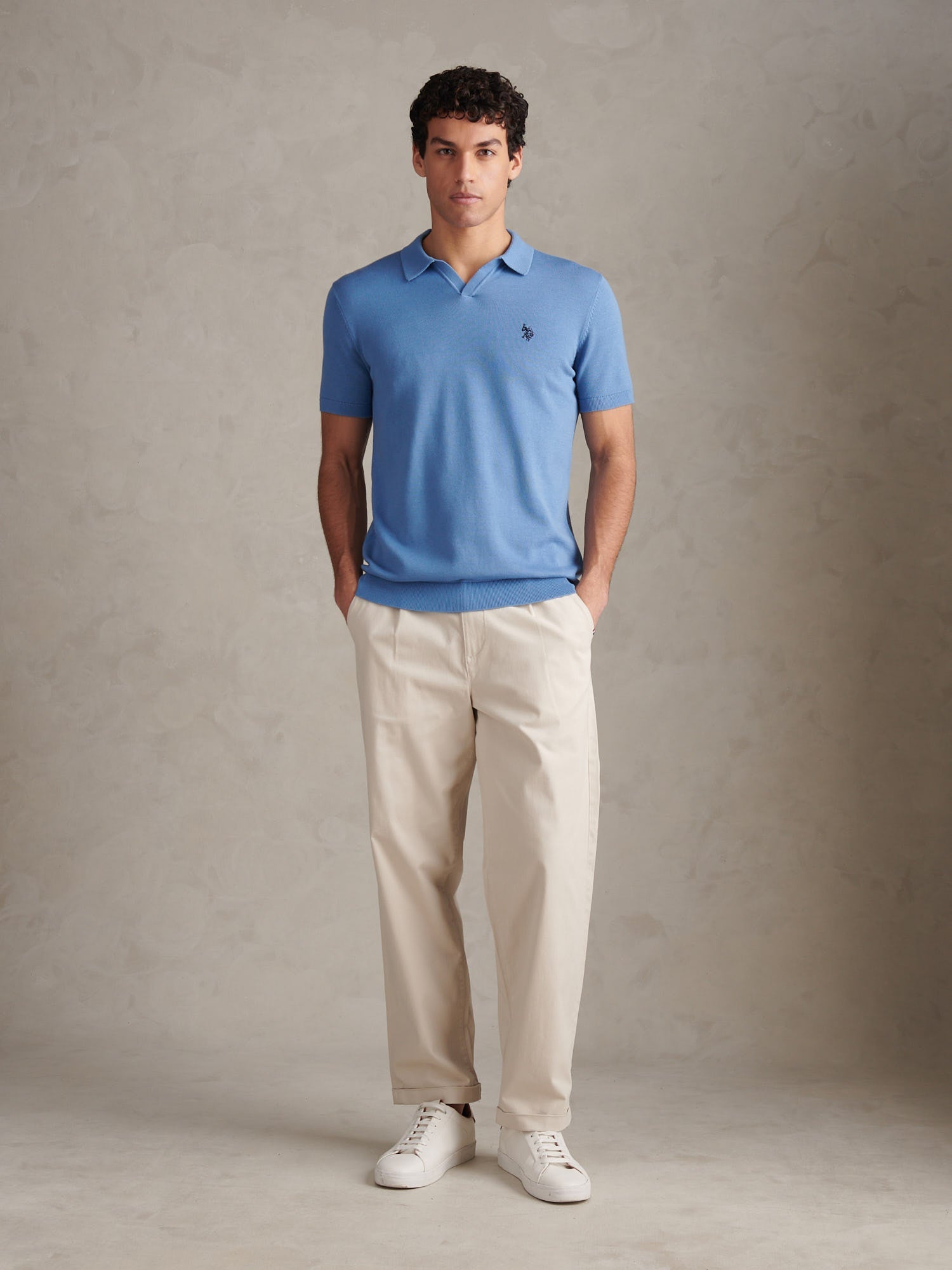 Mens Mini Vertical Texture Open Collar Polo Shirt Riviera