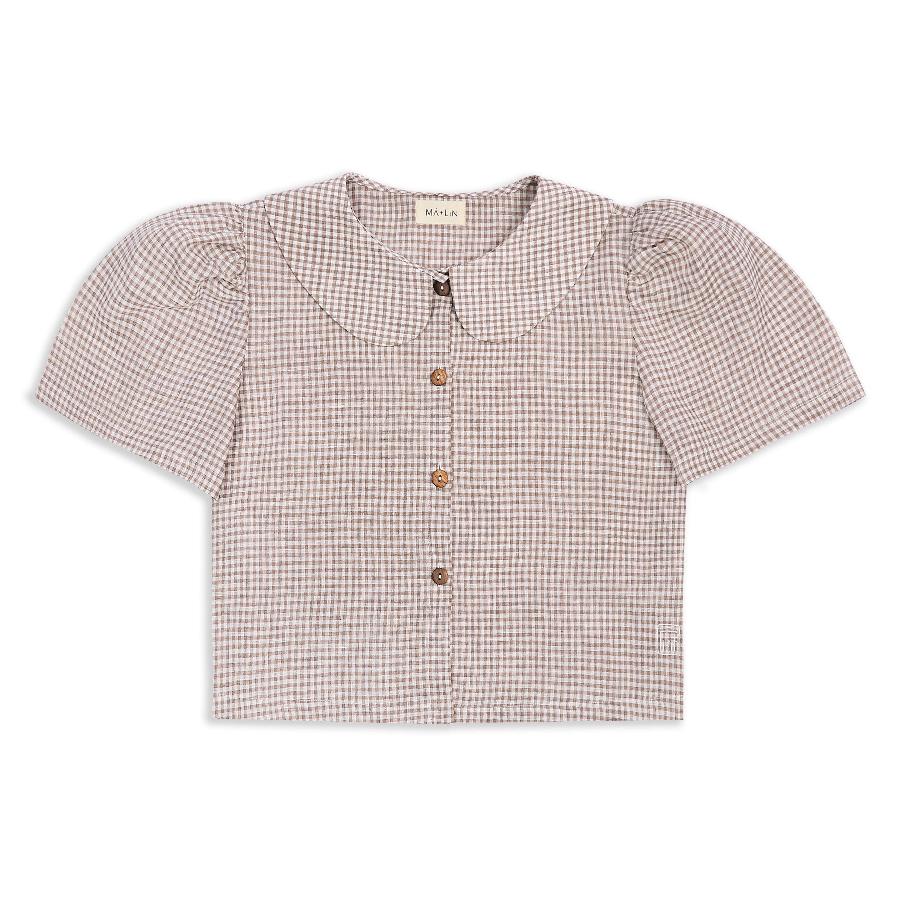 Frances Linen Cropped Blouse  - Fawn Gingham