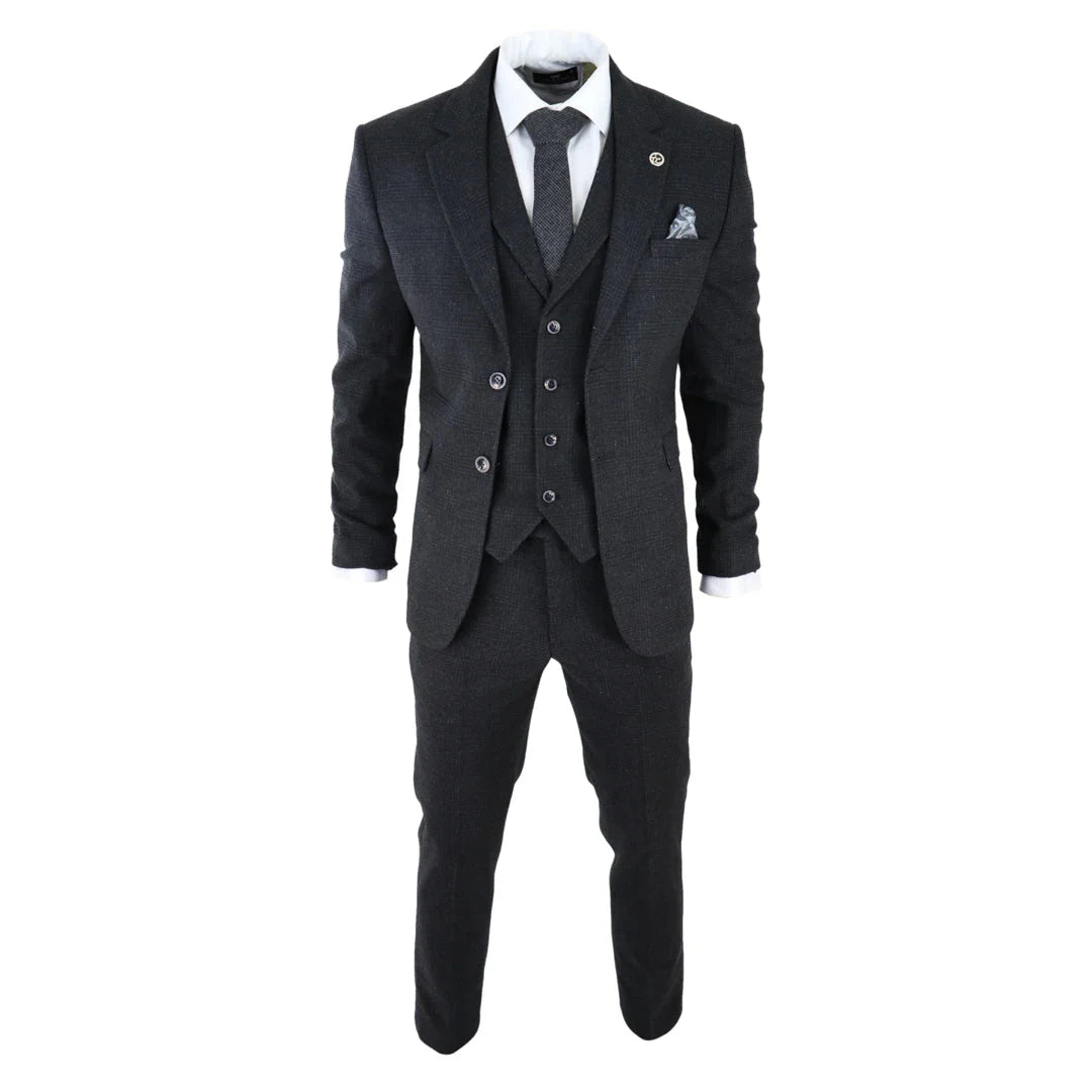 AK-11 - Men's Black Tweed 3 Piece Suit Check 1920s Gatsby Blinders