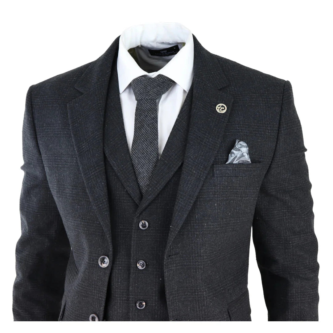 AK-11 - Men's Black Tweed 3 Piece Suit Check 1920s Gatsby Blinders