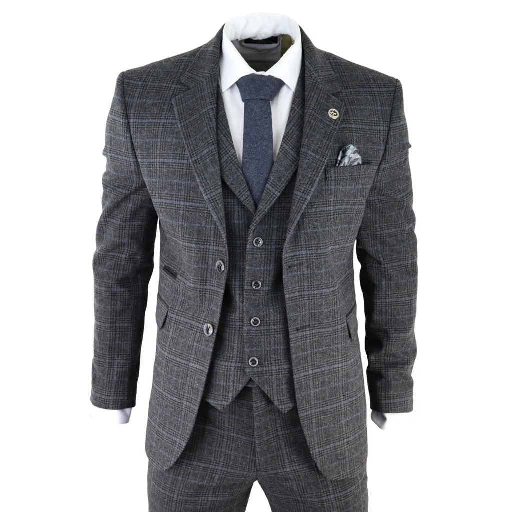 AK-12 - Men's Grey Tweed 3 Piece Suit Blue Check 1920s Gatsby Blinders