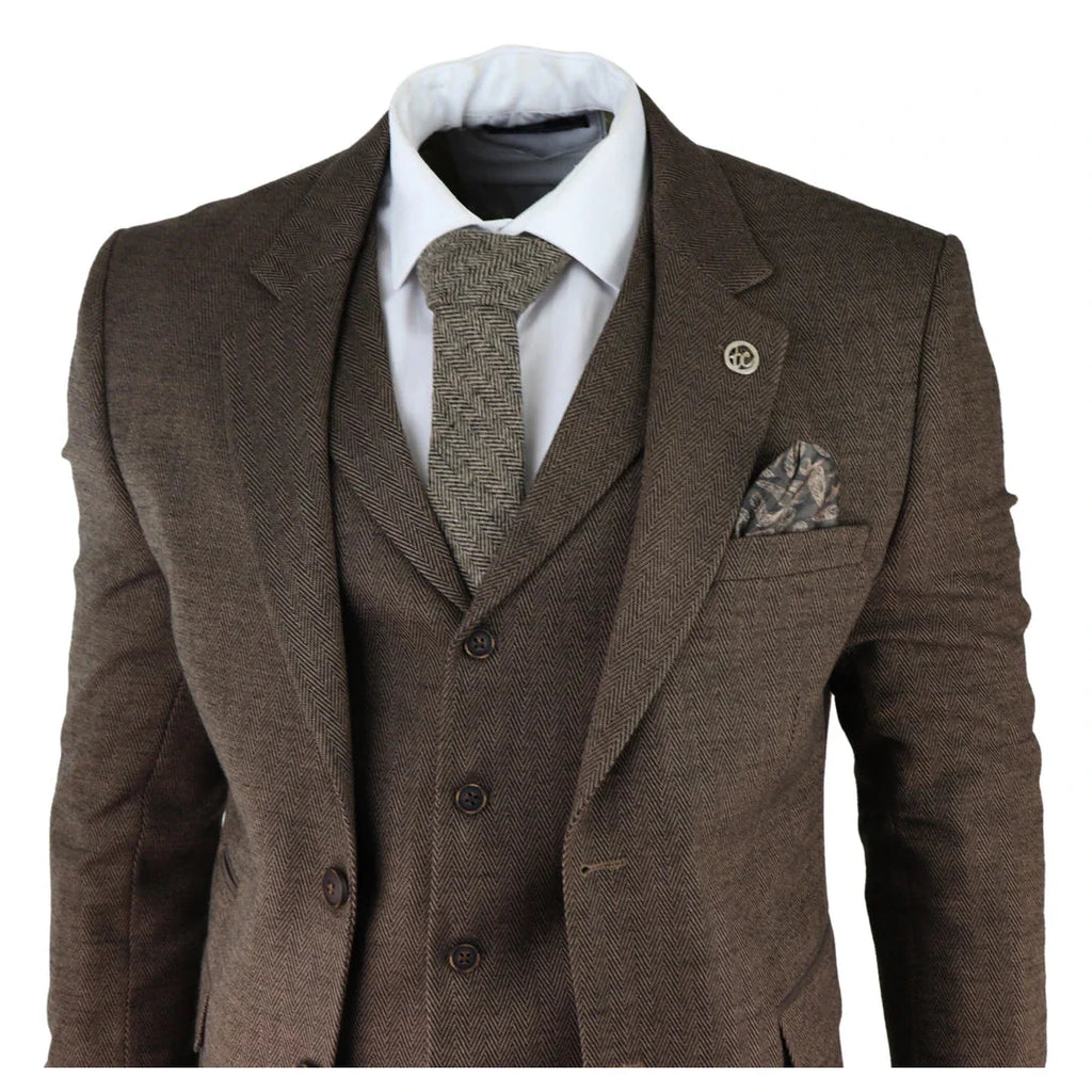 AK-06 - Men's Herringbone Tweed Brown 3 Piece Suit Wedding Blinders
