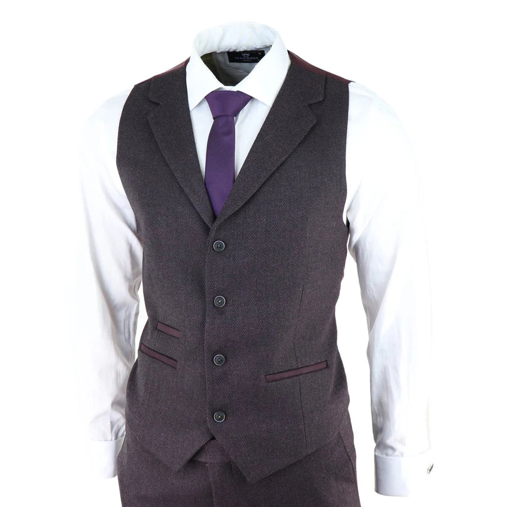 AK-05 - Men's Herringbone Tweed 3 Piece Suit Purple Plum 1920s Blinders