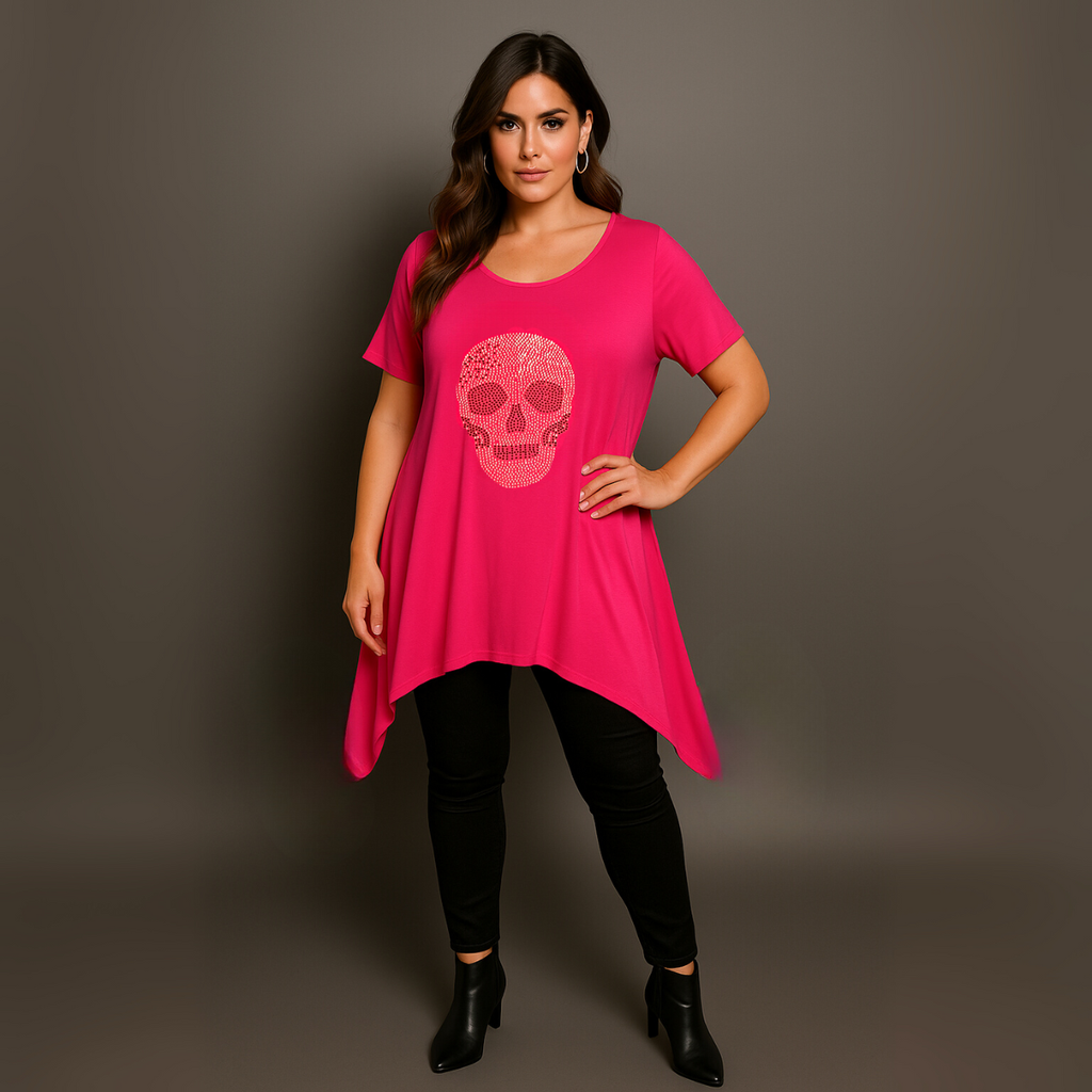 Short Sleeve Hanky Hem Studded Skull Long Length Top