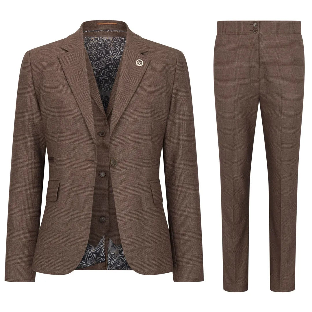 TPW50 - Women's Brown 3 Piece Prince Of Wales Check Suit