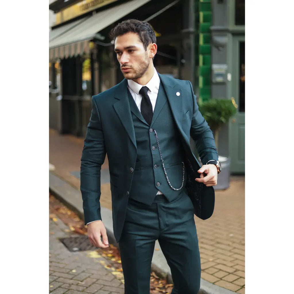 AK-07 - Men's 3 Piece Olive Check Suit