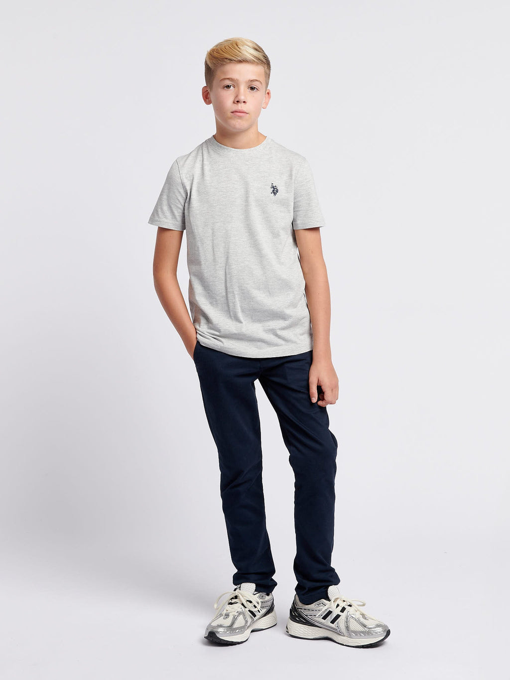 Boys Double Horsemen T- Shirt in Mid Grey Marl