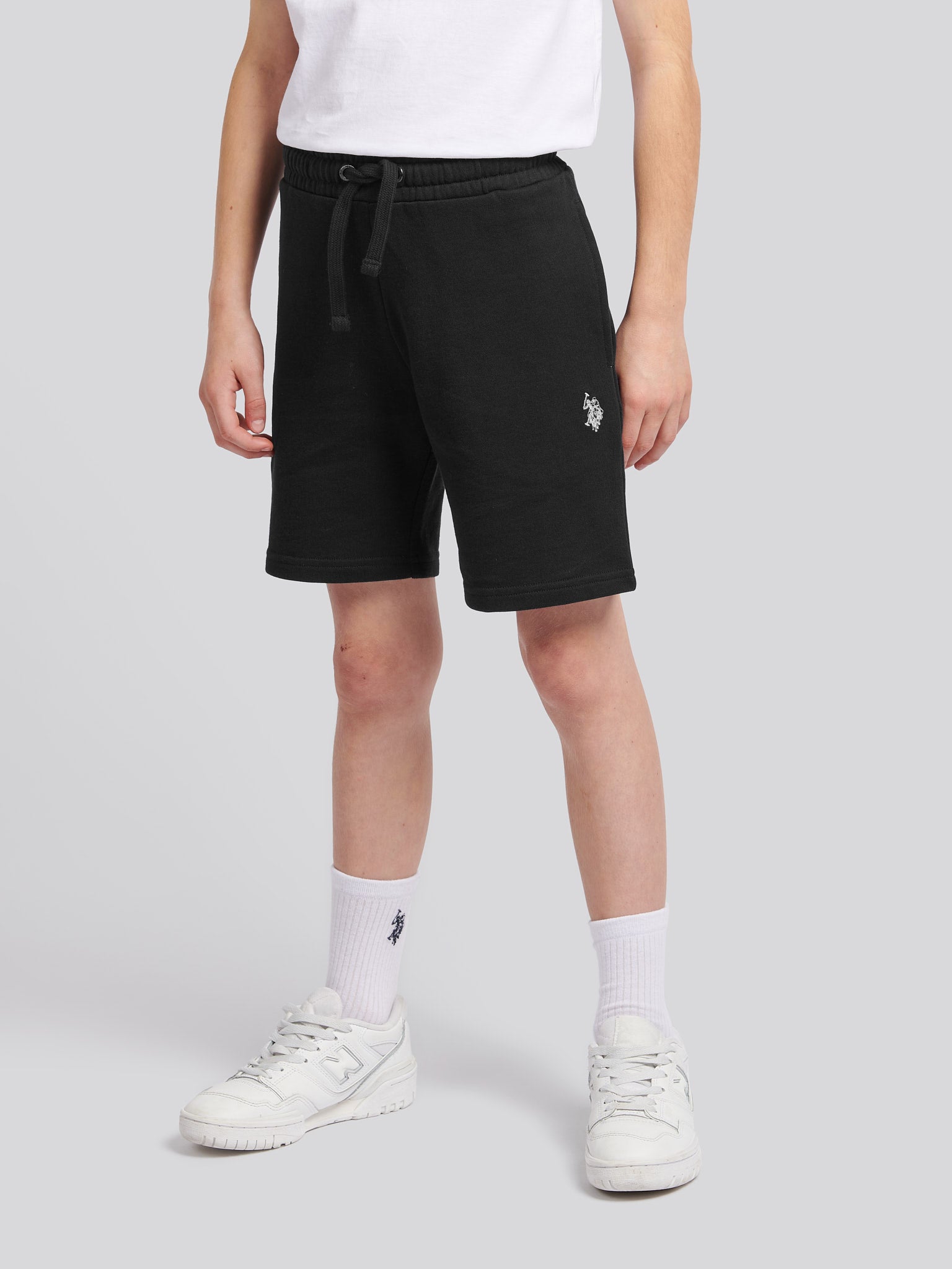 Boys Double Horsemen Sweat Short in Black Bright White DHM