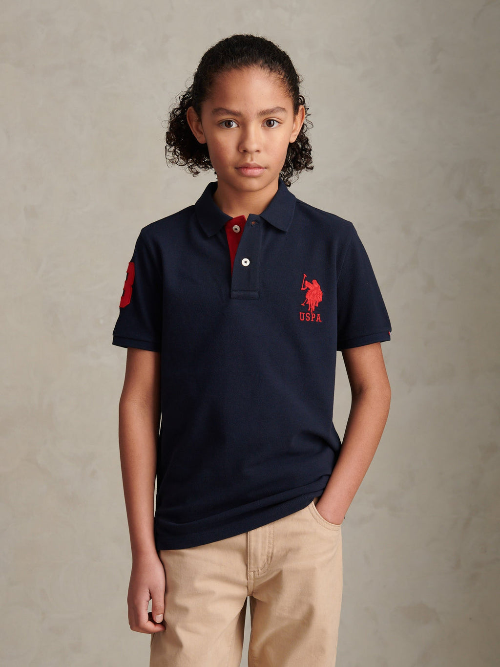 Boys Player 3 Polo Shirt Dark Sapphire Navy / Haute Red DHM
