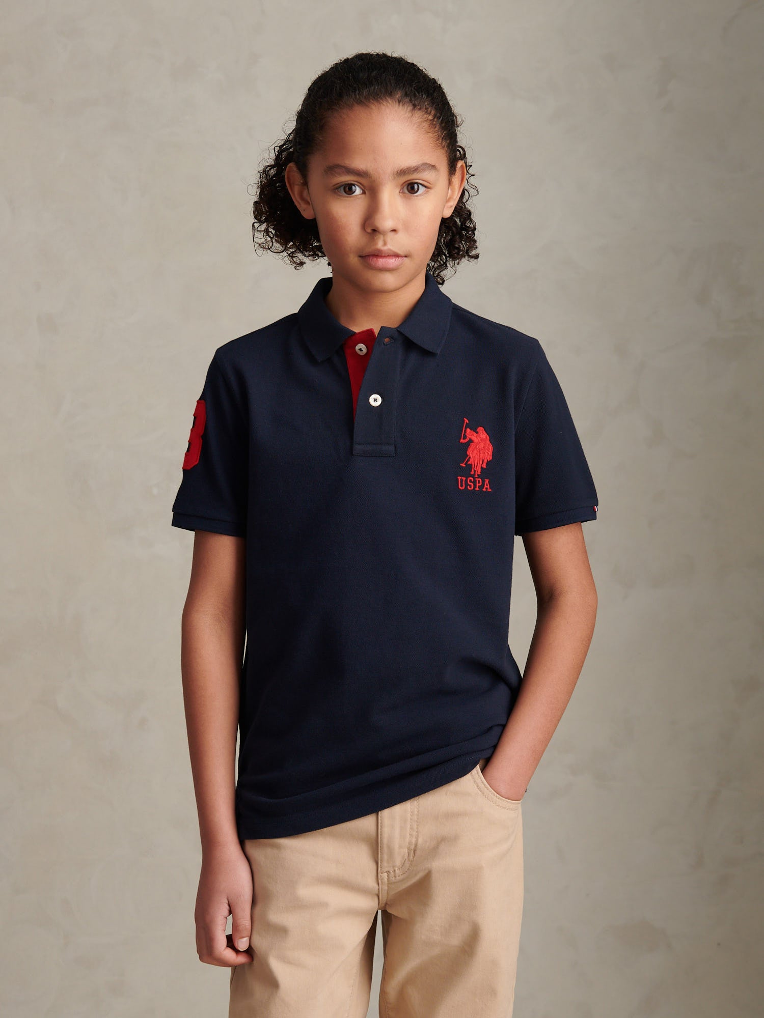 Boys Player 3 Polo Shirt Dark Sapphire Navy / Haute Red DHM