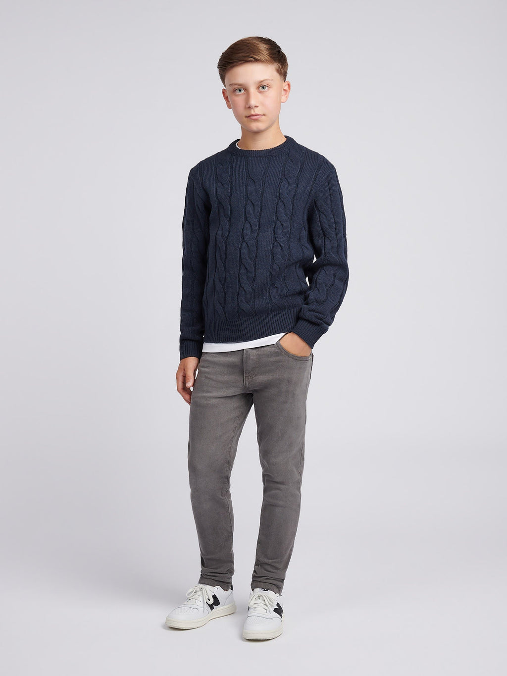 Boys Cable Knit Crew in Dark Sapphire Navy
