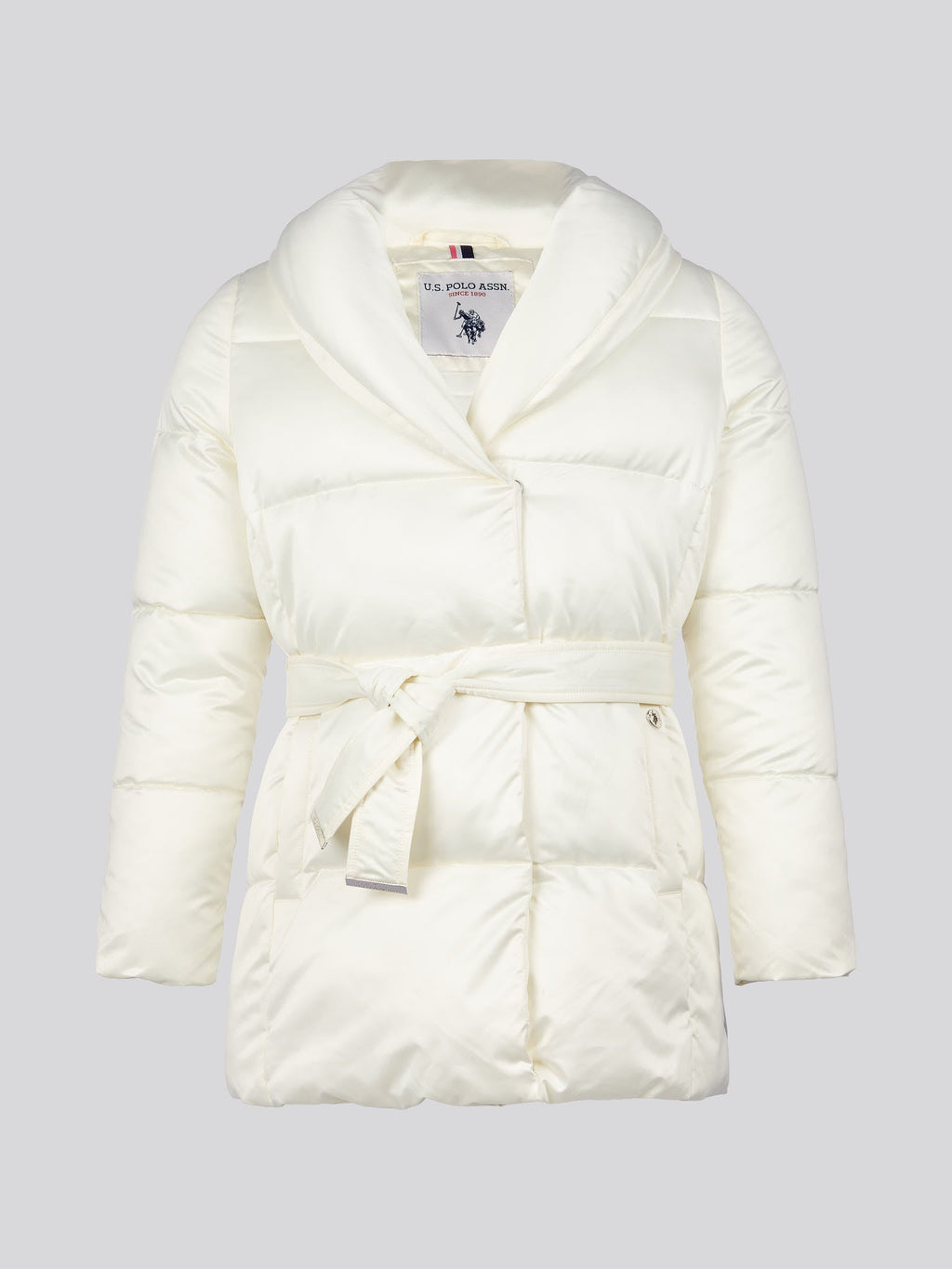 Womens Wrap Collar Belted Puffer Coat in Marshmallow